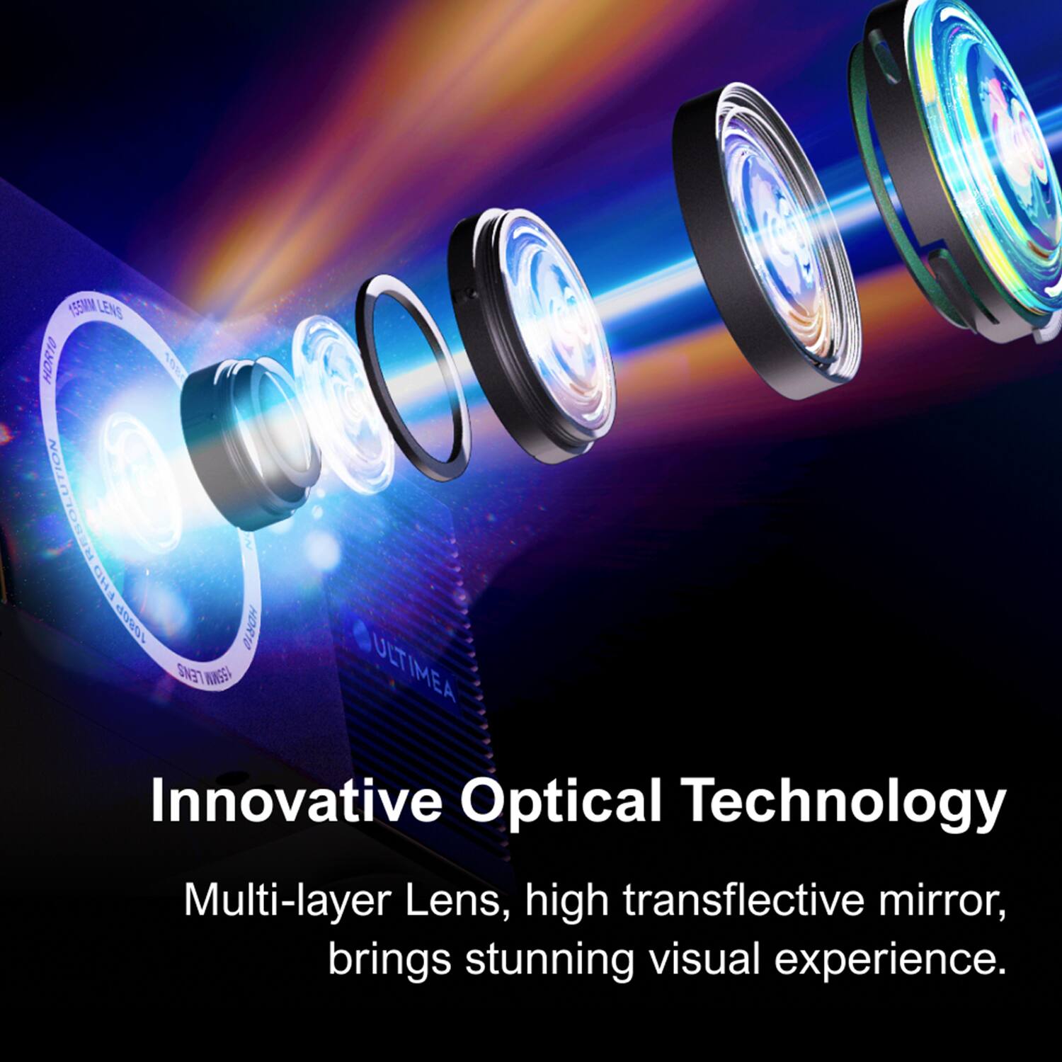 155MM LENS HORTO 1 RESOLUTION  
FHD 1080P  
HORTO LENS  
ULTIMEA ULTIMATE  
Innovative Optical Technology  
Multi-layer Lens, high transflective mirror, brings stunning visual experience.