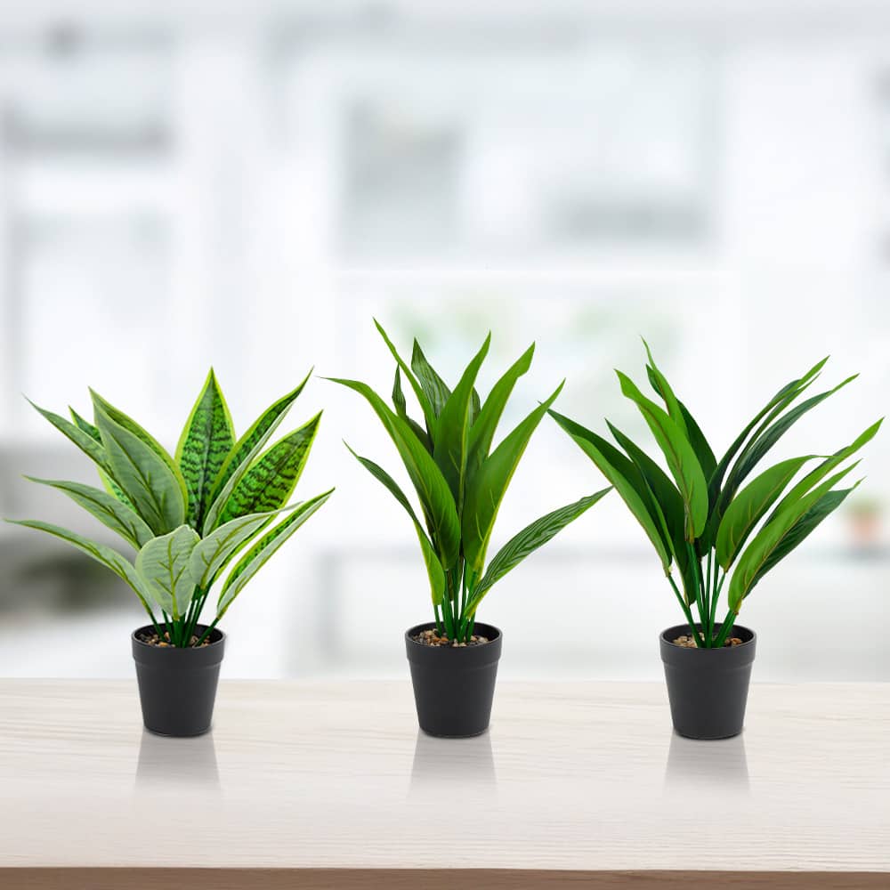 Oumilen - 3 Pack Artificial Green Tree, Tall Fake Plant with Black Planter, Floor Plant in Pot Artificial Silk Palmtree