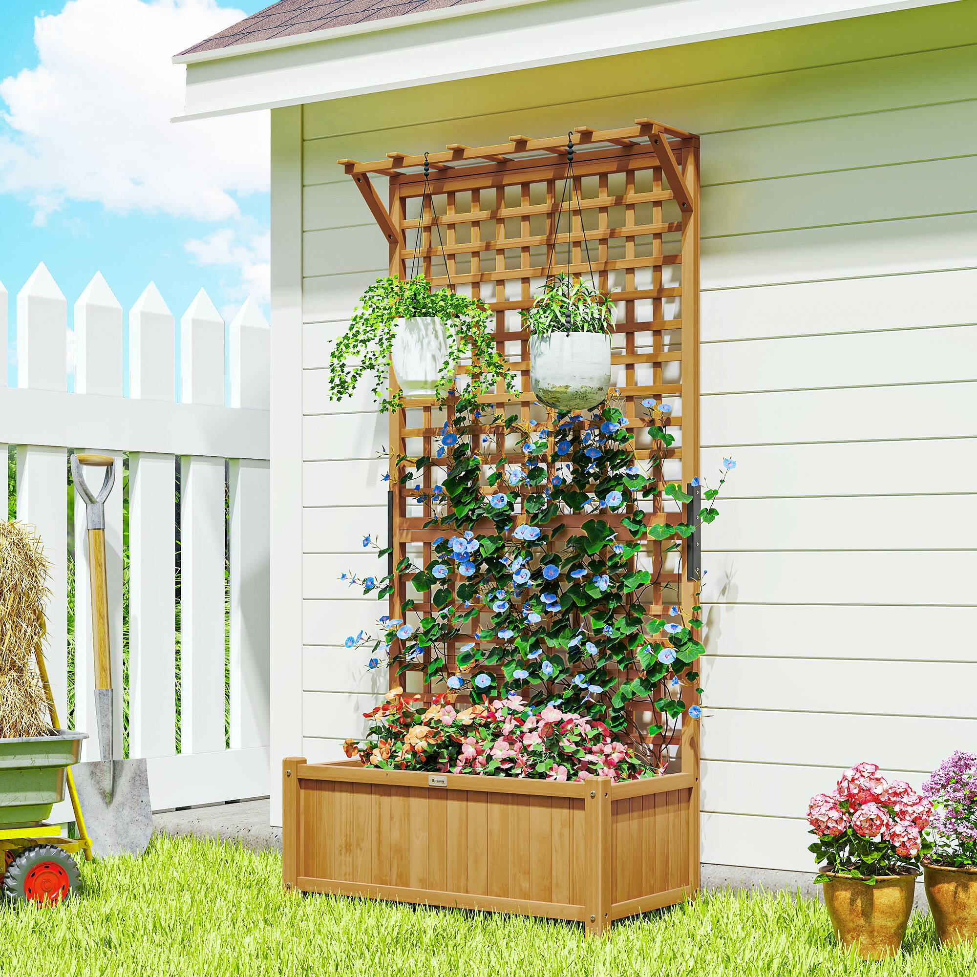 Alt View 1. Outsunny - Wood Planter with Trellis for Vine Climbing, Raised Garden Bed, Privacy Screen for Backyard - Yellow.