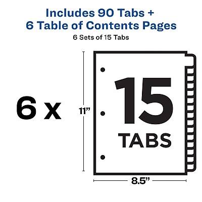 Includes 90 Tabs + 6 Table of Contents Pages  
6 Sets of 15 Tabs  
6 x 11"  
15 Tabs  
8.5"
