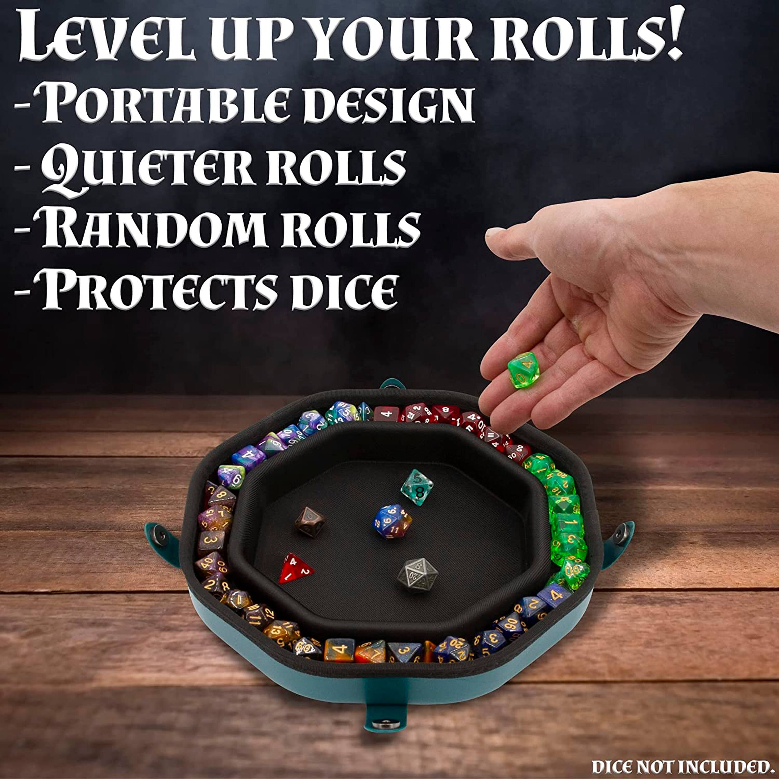 LEVEL UP YOUR ROLLS!  
- PORTABLE DESIGN  
- QUIETER ROLLS  
- RANDOM ROLLS  
- PROTECTS DICE  

4 6  
a  
18 3 5 2  
4  
2 20 8 IS 1 5  
R. n 10 4  
8 10  

3 2  
Bx 2 2  
4  
3 0  
20 10 S  
2 4 to S 90 3 5  

DICE NOT INCLUDED.