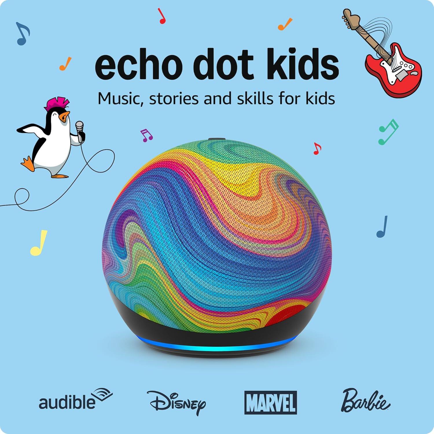 echo dot kids  
Music, stories and skills for kids  

audible  
Disney  
MARVEL  
Barbie