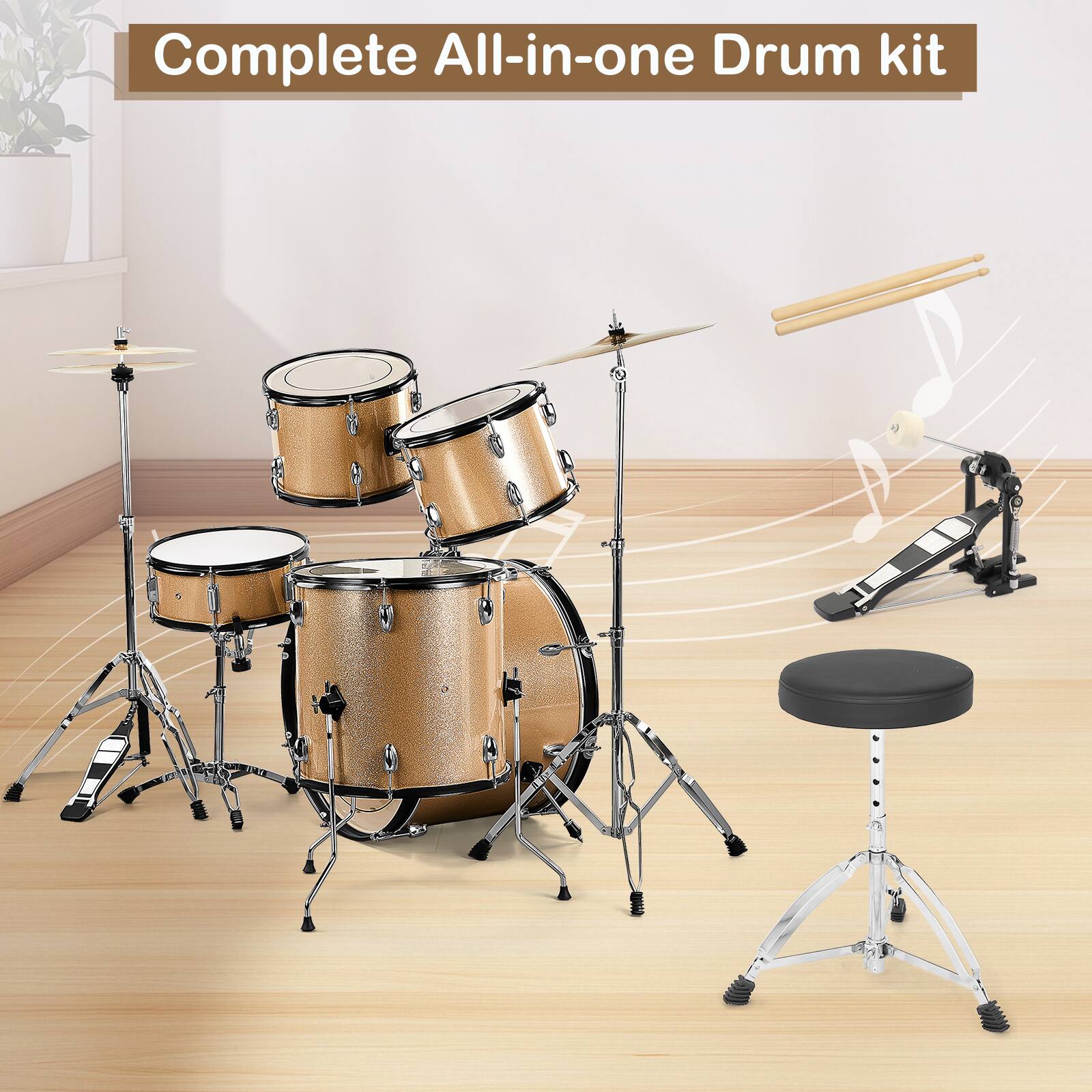 Winado - 5pc Complete Full Size Pro Adult Drum Set Kit - Remo Heads, Brass Cymbals