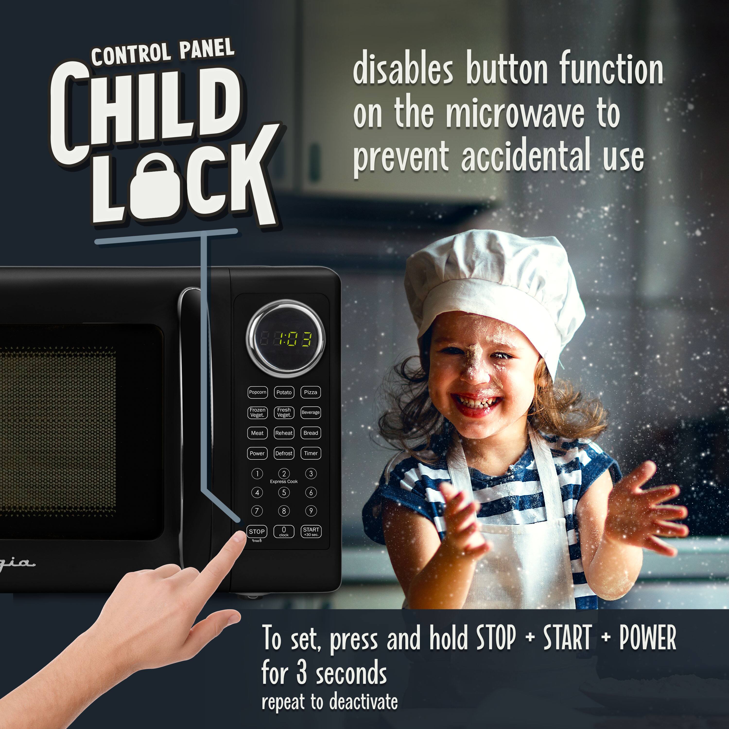 CONTROL PANEL CHILD LOCK disables button function on the microwave to prevent accidental use

To set, press and hold STOP + START + POWER for 3 seconds. Repeat to deactivate.