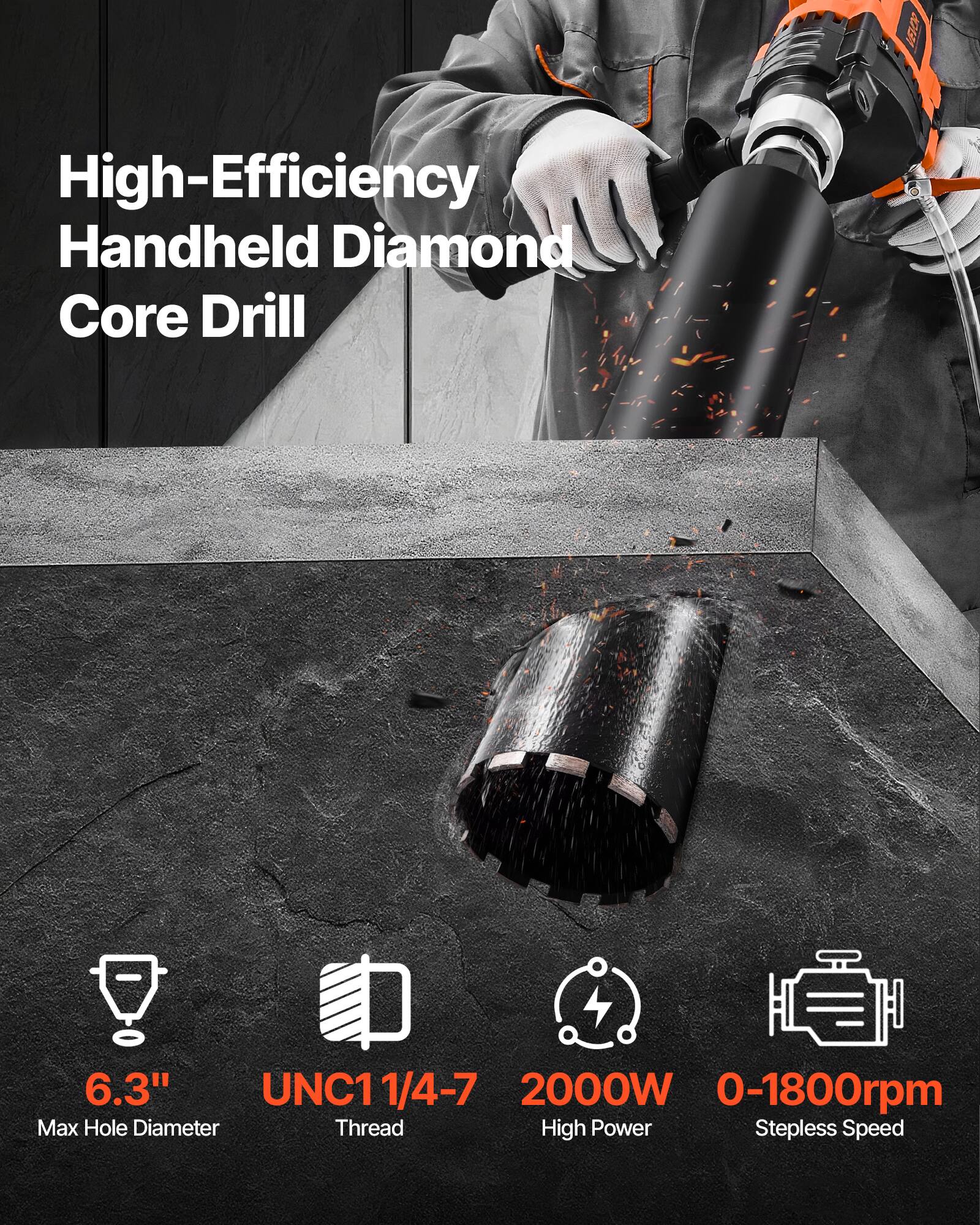 High-Efficiency Handheld Diamond Core Drill

6.3" UNC1 1/4-7 2000W 0-1800rpm Max Hole Diameter Thread High Power Stepless Speed