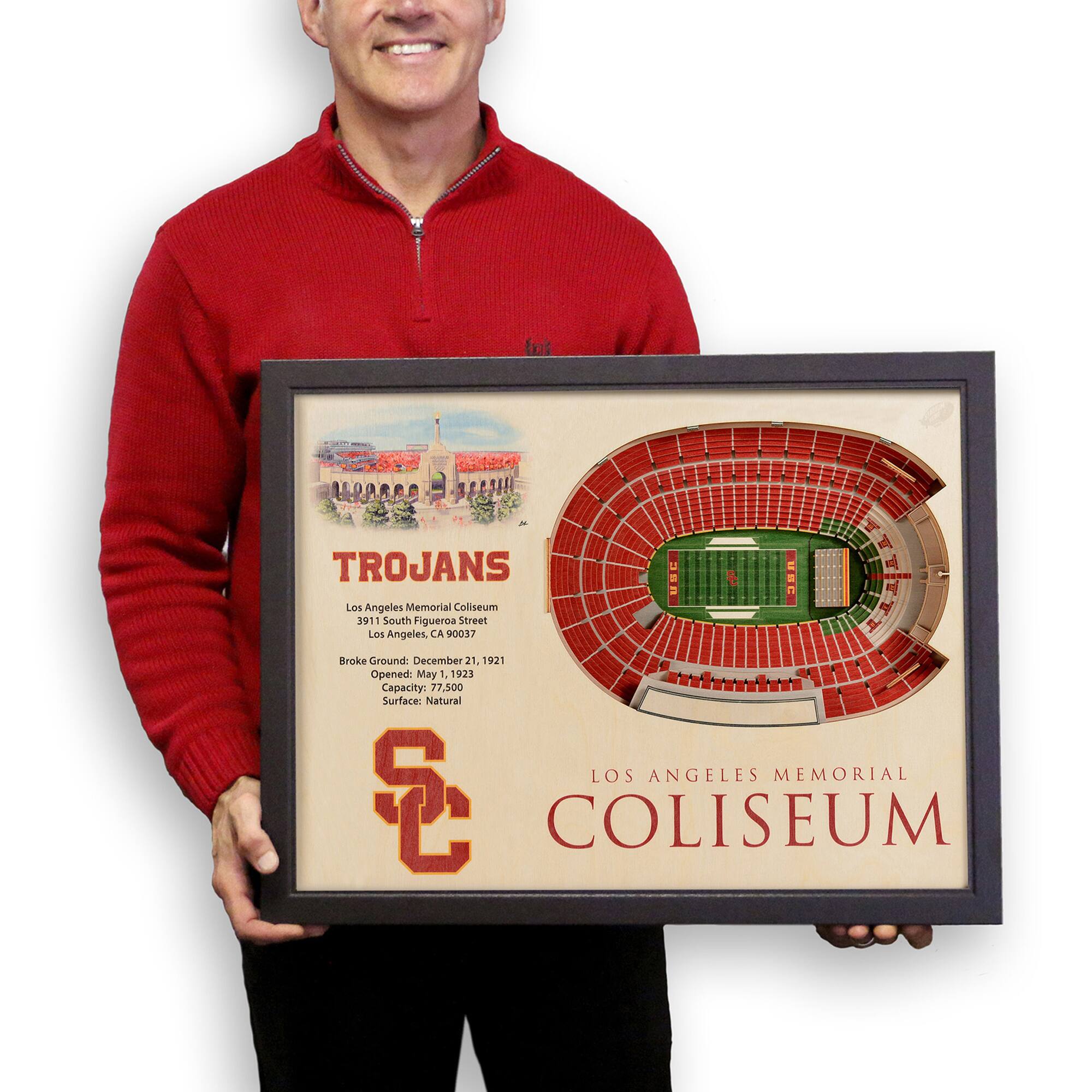 TROJANS  
Los Angeles Memorial Coliseum  
3911 South Figueroa Street  
Los Angeles, CA 90037  
Broke Ground: December 21, 1921  
Opened: May 1, 1923  
Capacity: 77,500  
Surface: Natural  

LOS ANGELES MEMORIAL COLISEUM