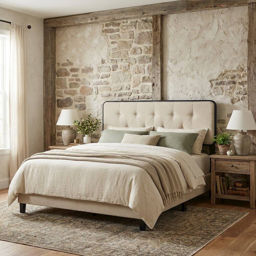 Angle. FurniFact - Tufted Fabric Full Headboard with Wooden Frame for Stylish Bedroom - Black.