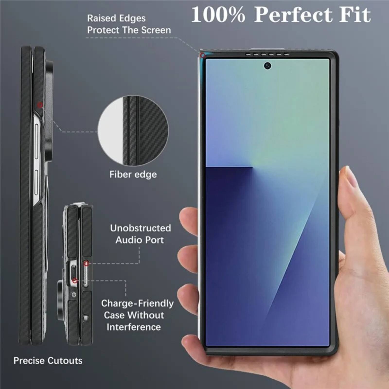 Raised Edges 100% Perfect Fit Protect The Screen  
Fiber edge  
Unobstructed Audio Port  
Charge-Friendly Case Without Interference  
Precise Cutouts