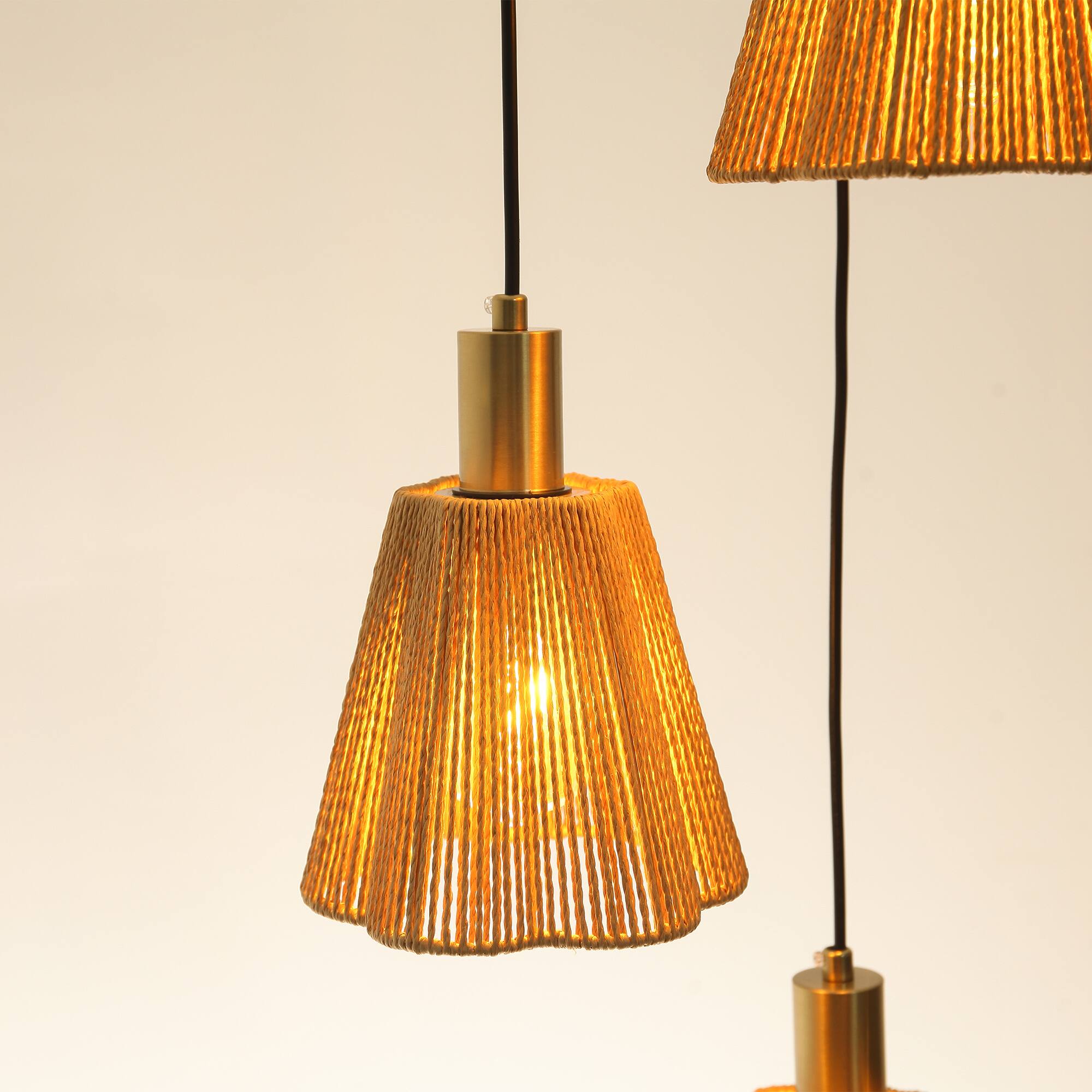 Alt View 1. Parrot Uncle - 15" W Rustic Brass 3-Light Kitchen Island Pendant Light with Paper Rope Shades - Gold.