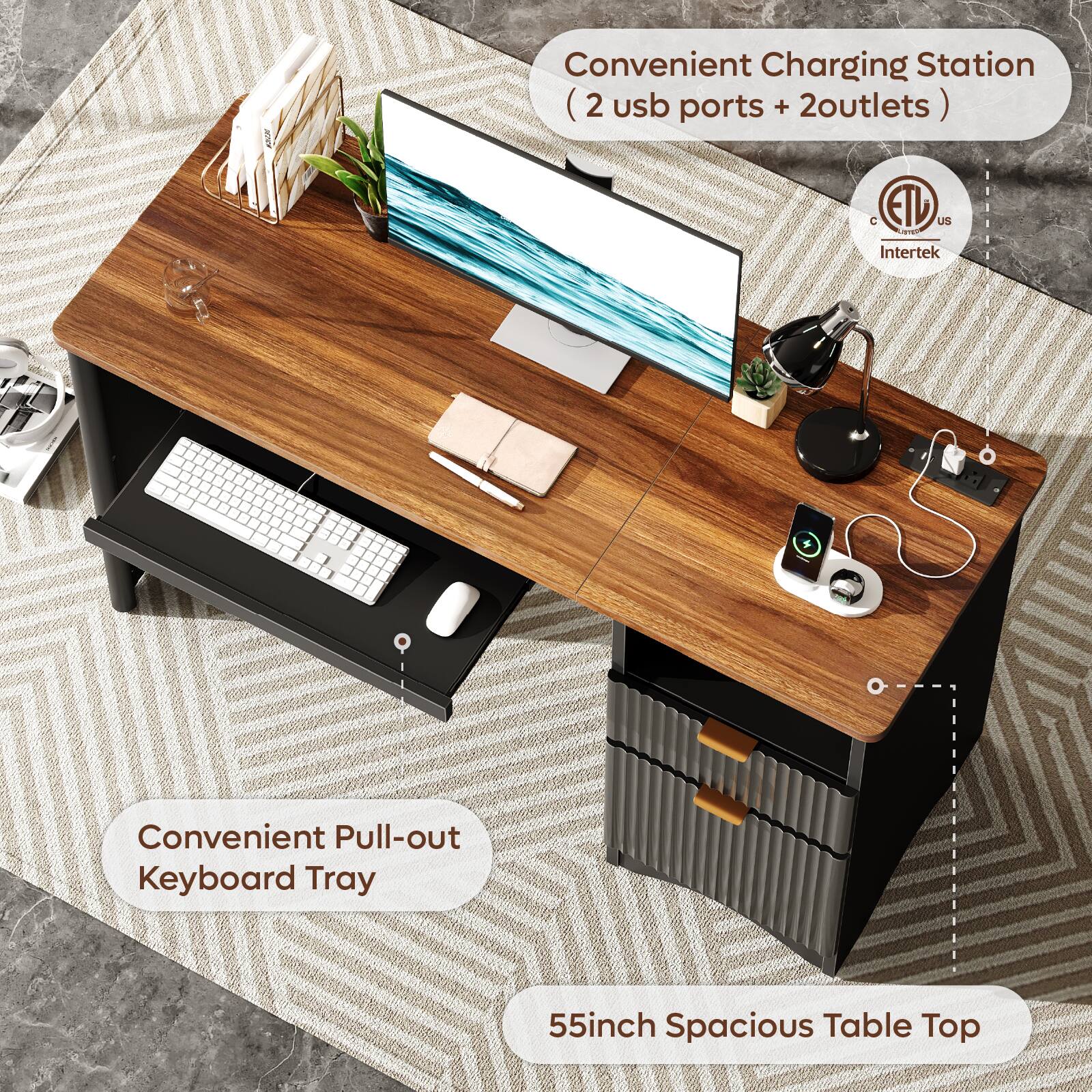 Convenient Charging Station (2 USB ports + 2 outlets) Convenient Pull-out Keyboard Tray 55-inch Spacious Table Top
