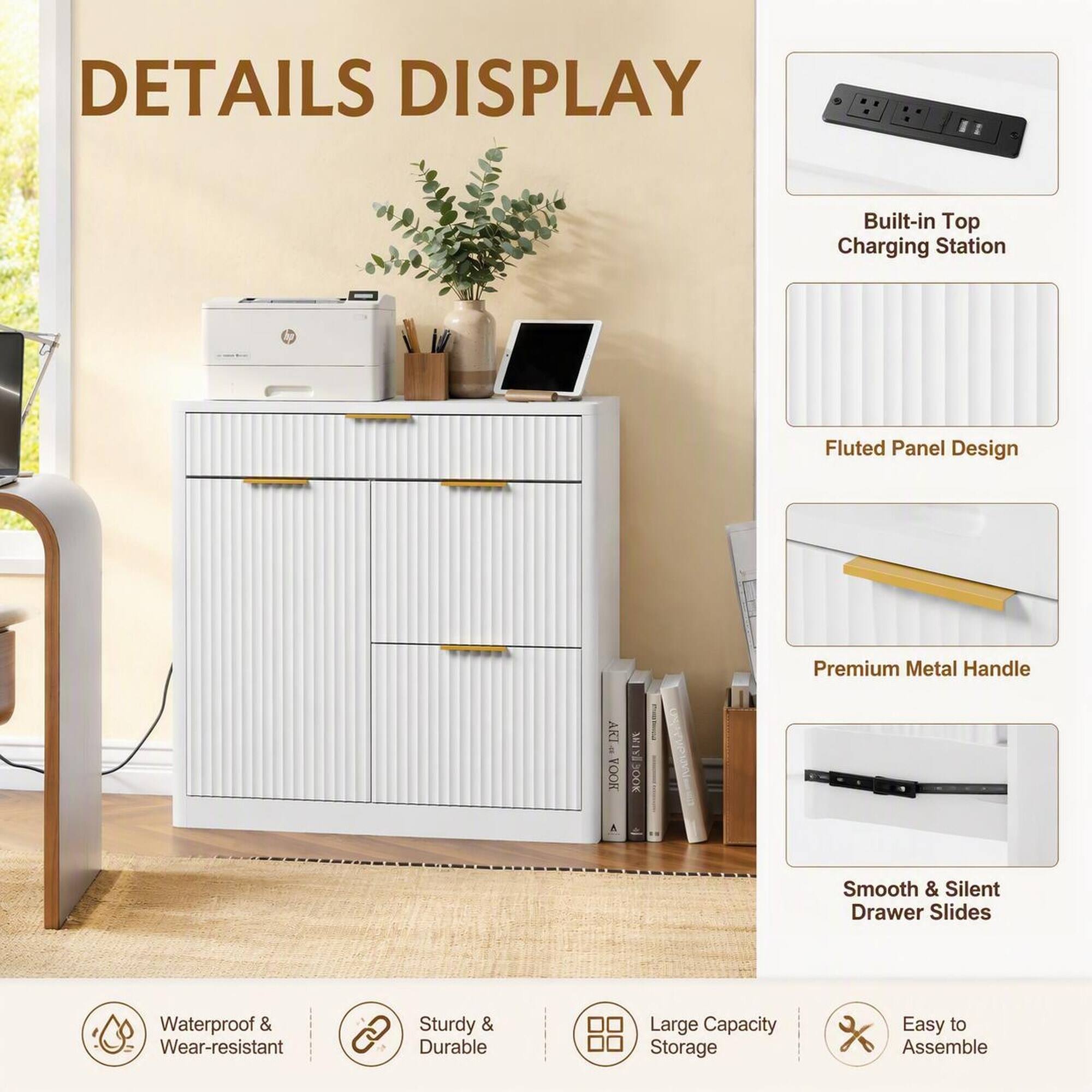 DETAILS DISPLAY

- Built-in Top Charging Station
- Fluted Panel Design
- Premium Metal Handle
- Smooth & Silent Drawer Slides
- Waterproof & Wear-resistant
- Sturdy & Durable
- Large Capacity Storage
- Easy to Assemble