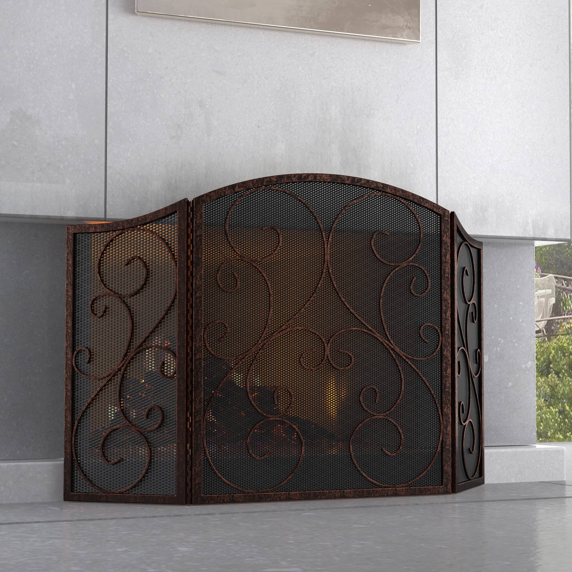 Left. JETRANSPORT - Fireplace Screen 3 Panel Wrought Iron Metal 48"(l) X30(h) Spark Guard Cover(brushed Copper) - Golden.