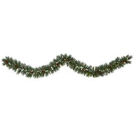 BreeBe - 9’ Frosted Swiss Pine Garland with 50 Clear LEDs and Berries - Green