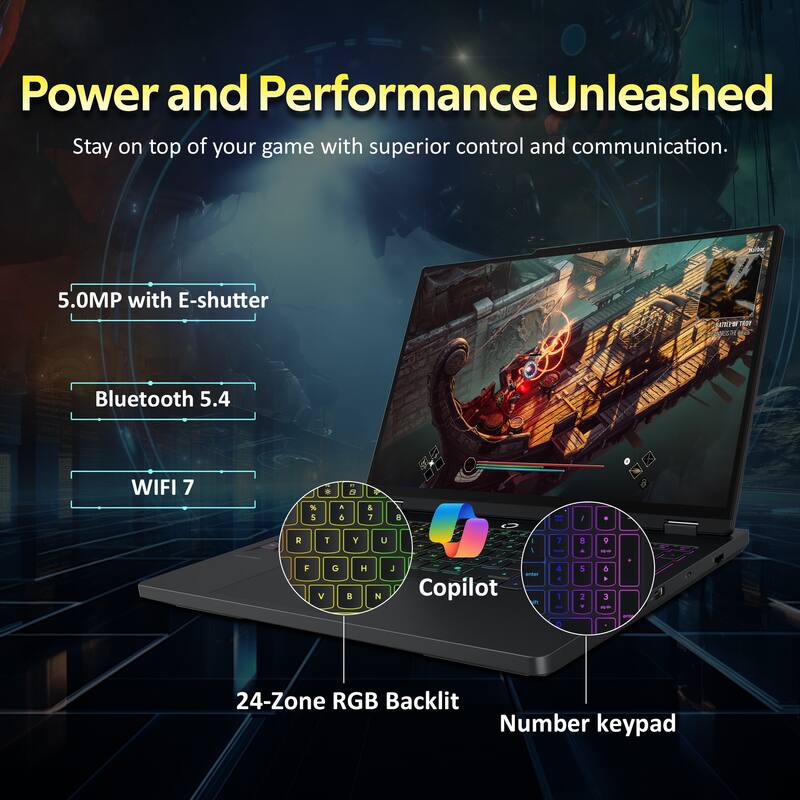 Power and Performance Unleashed  
Stay on top of your game with superior control and communication.  

5.0MP with E-shutter  
Bluetooth 5.4  
WIFI 7  

24-Zone RGB Backlit  
Number keypad  
Copilot