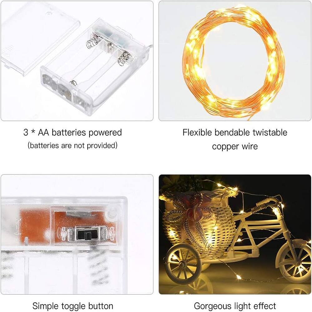 3 * AA batteries powered (batteries are not provided)

Flexible bendable twistable copper wire

Simple toggle button

Gorgeous light effect