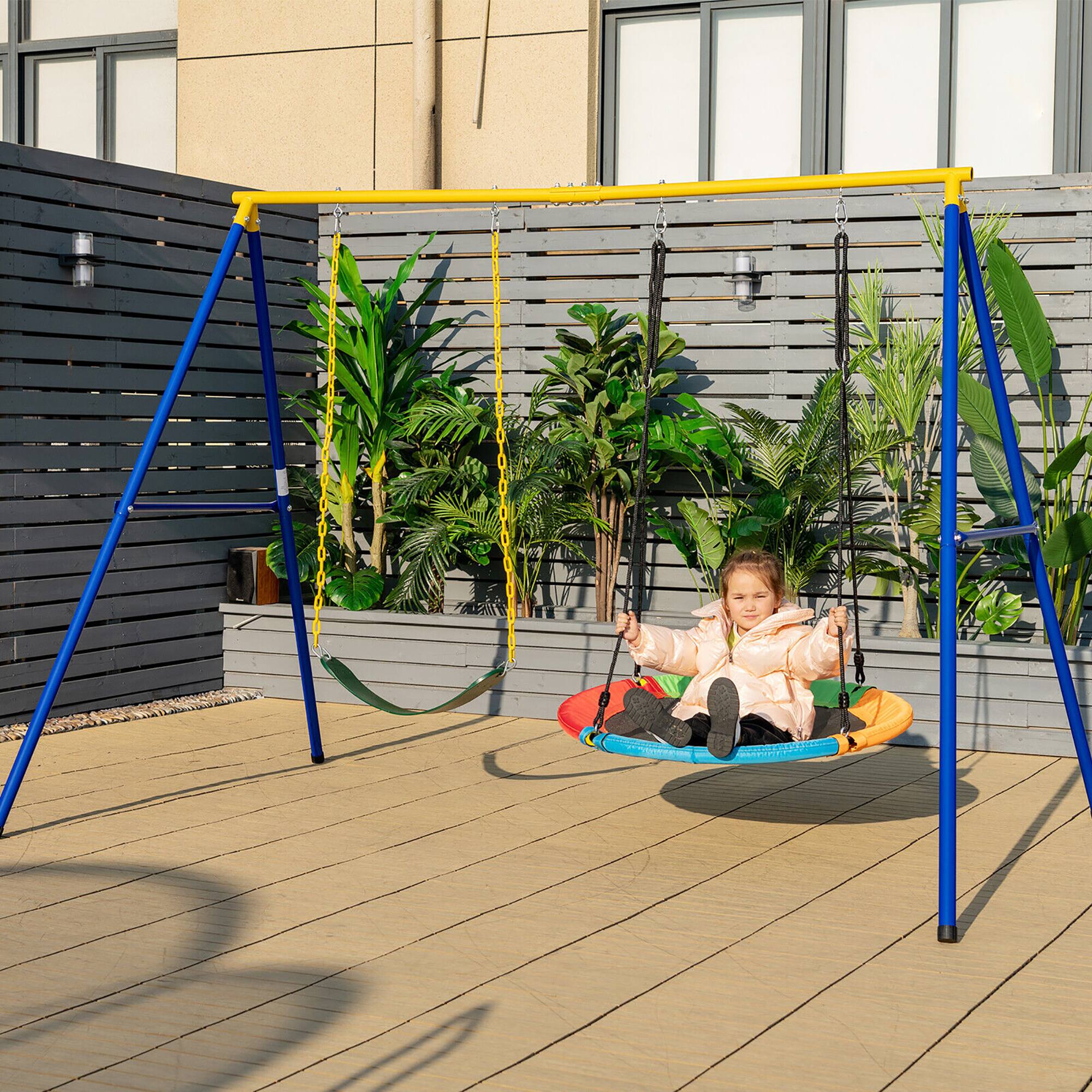 Alt View 8. Gymax - Gymax Swing Frame Stand with 2 Swing Set Swing Sets for Backyard w/ Ground Stakes - Blue + Yellow.
