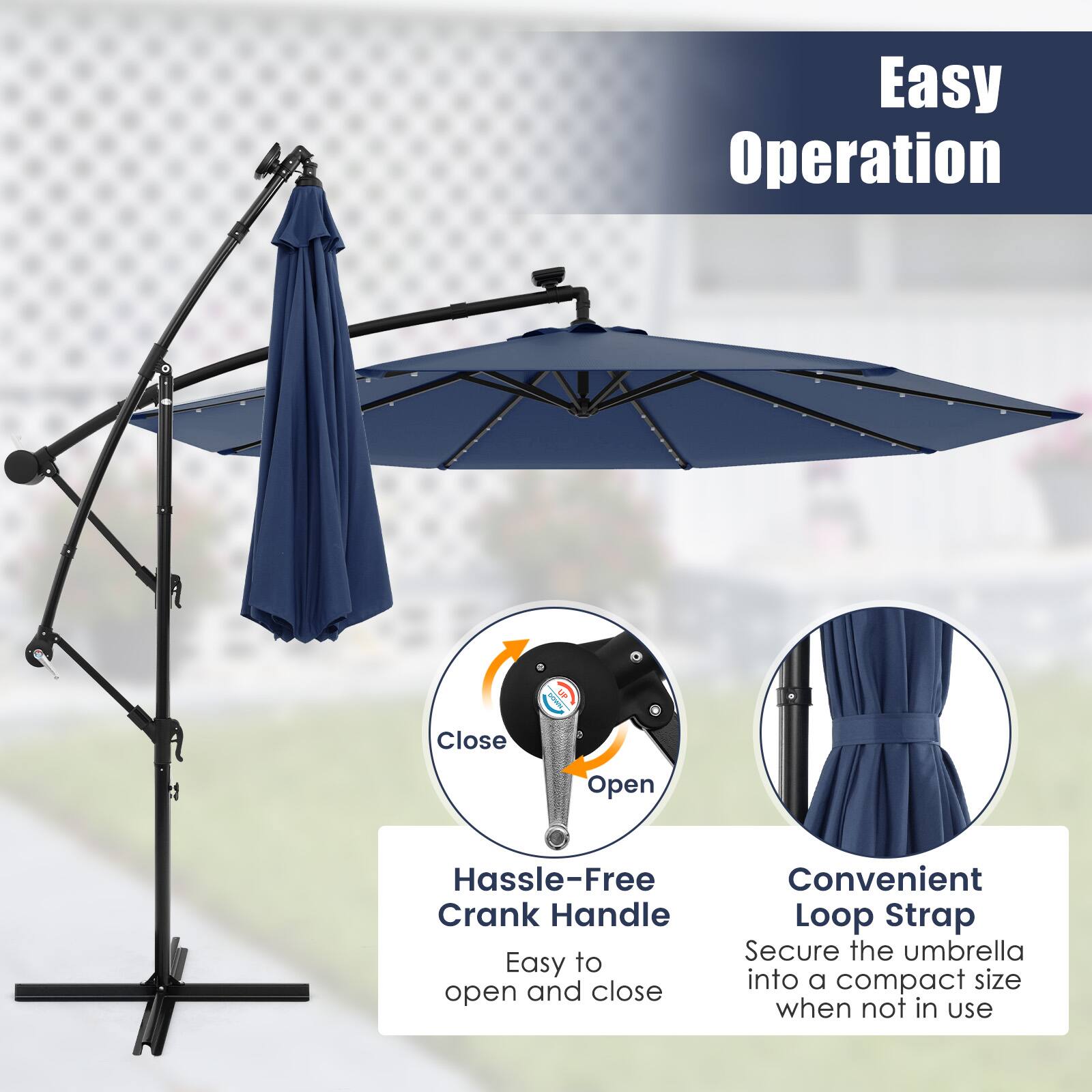 Easy Operation, Close, Open, Hassle-Free Crank Handle, Easy to open and close, Convenient Loop Strap, Secure the umbrella into a compact size when not in use