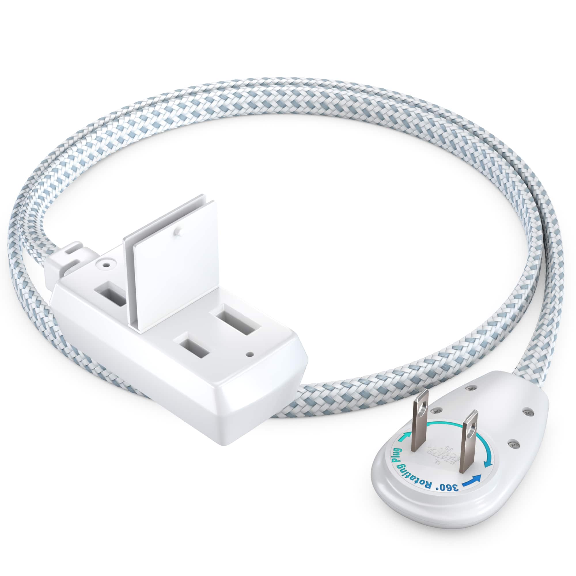Maximm - 1ft 360° Rotating Flat Plug Extension Cord/Wire, 16 AWG, 3 Outlet Braided, 2 Prong with Safety Cover - UL Certified - Gray