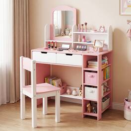 Gymax - Kids Vanity Set w/Mirror&Chair Princess Makeup Dressing Desk w/Storage Shelves - White