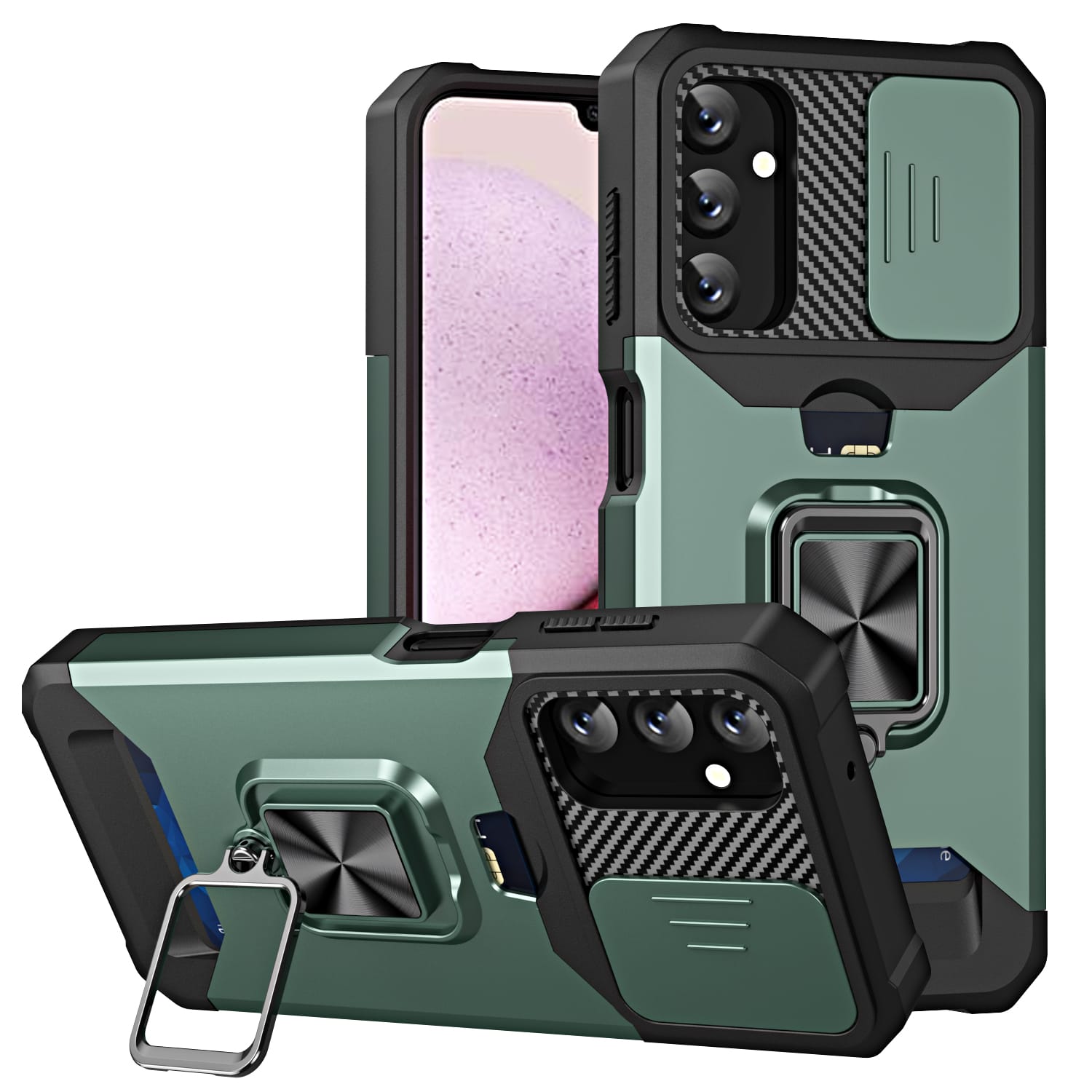 Dteck - For Samsung A17 5G Slide Lens Protection Case Wallet Card Holder Ring Stand Kickstand Hybrid PC TPU Cover - Darkgreen price history on PriceWatchPro