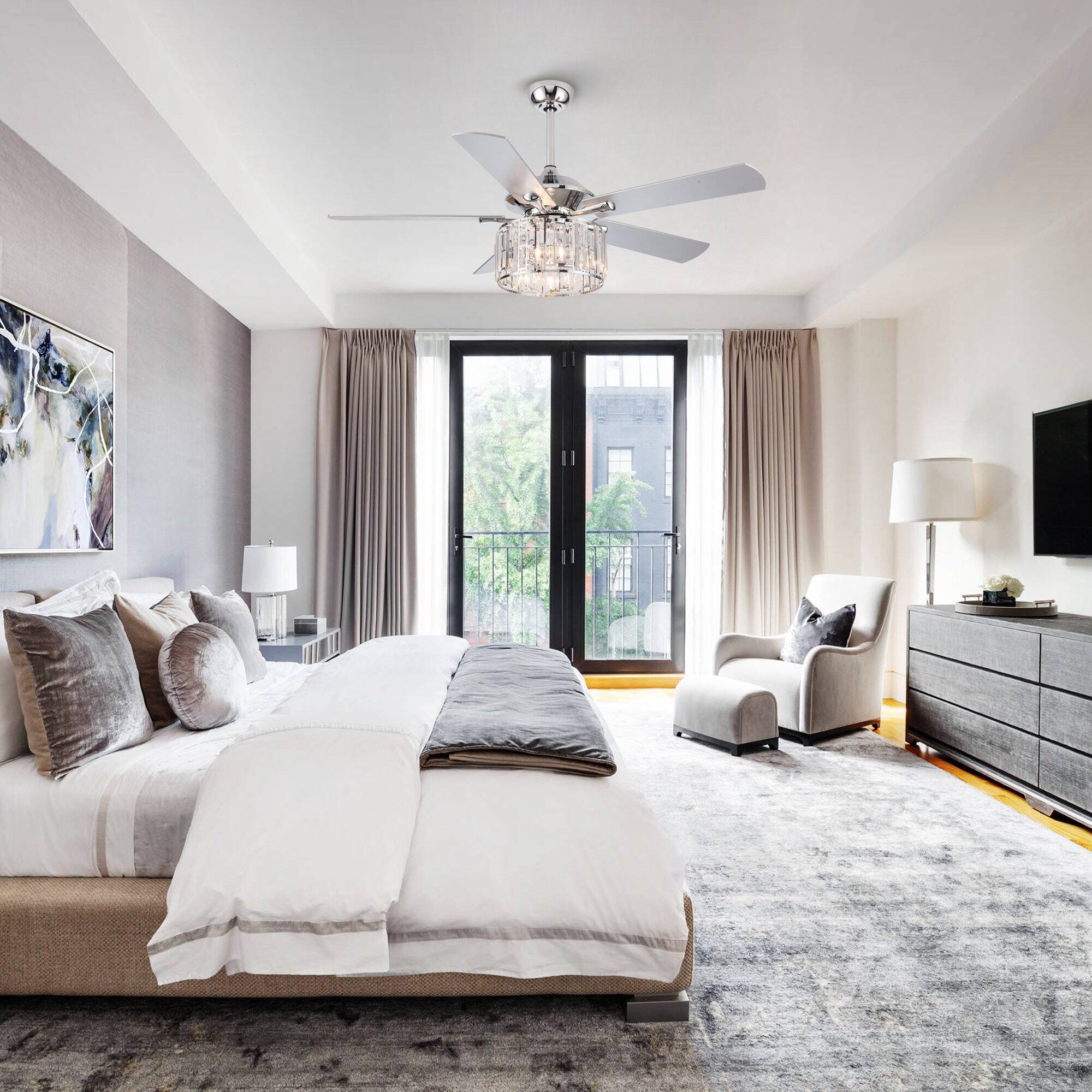 Alt View 1. Parrot Uncle - 52" Modern Chrome Crystal Ceiling Fan with Remote - Chrome.