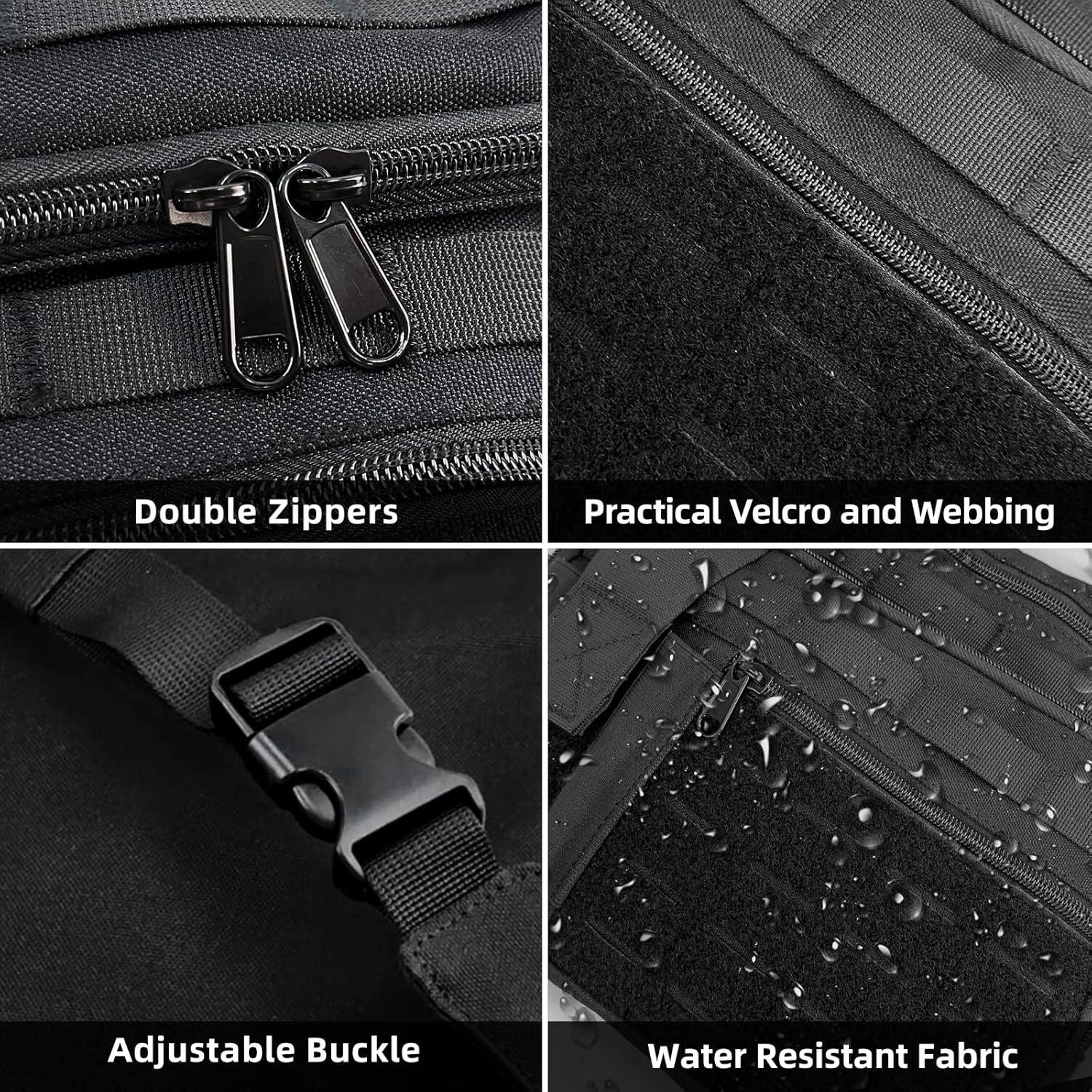 Double Zippers  
Practical Velcro and Webbing  
Adjustable Buckle  
Water Resistant Fabric