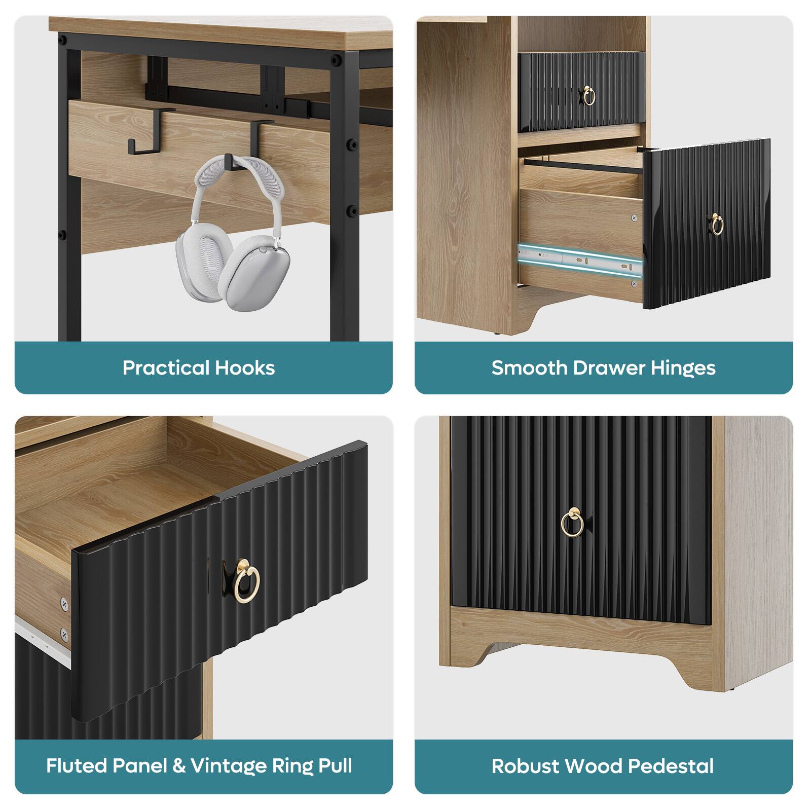Practical Hooks: The image shows a pair of white headphones hanging on a hook.
Smooth Drawer Hinges: The image shows a drawer with a smooth hinge.
Fluted Panel & Vintage Ring Pull: The image shows a wooden drawer with a fluted panel and a vintage ring pull.
Robust Wood Pedestal: The image shows a wooden pedestal with a drawer.