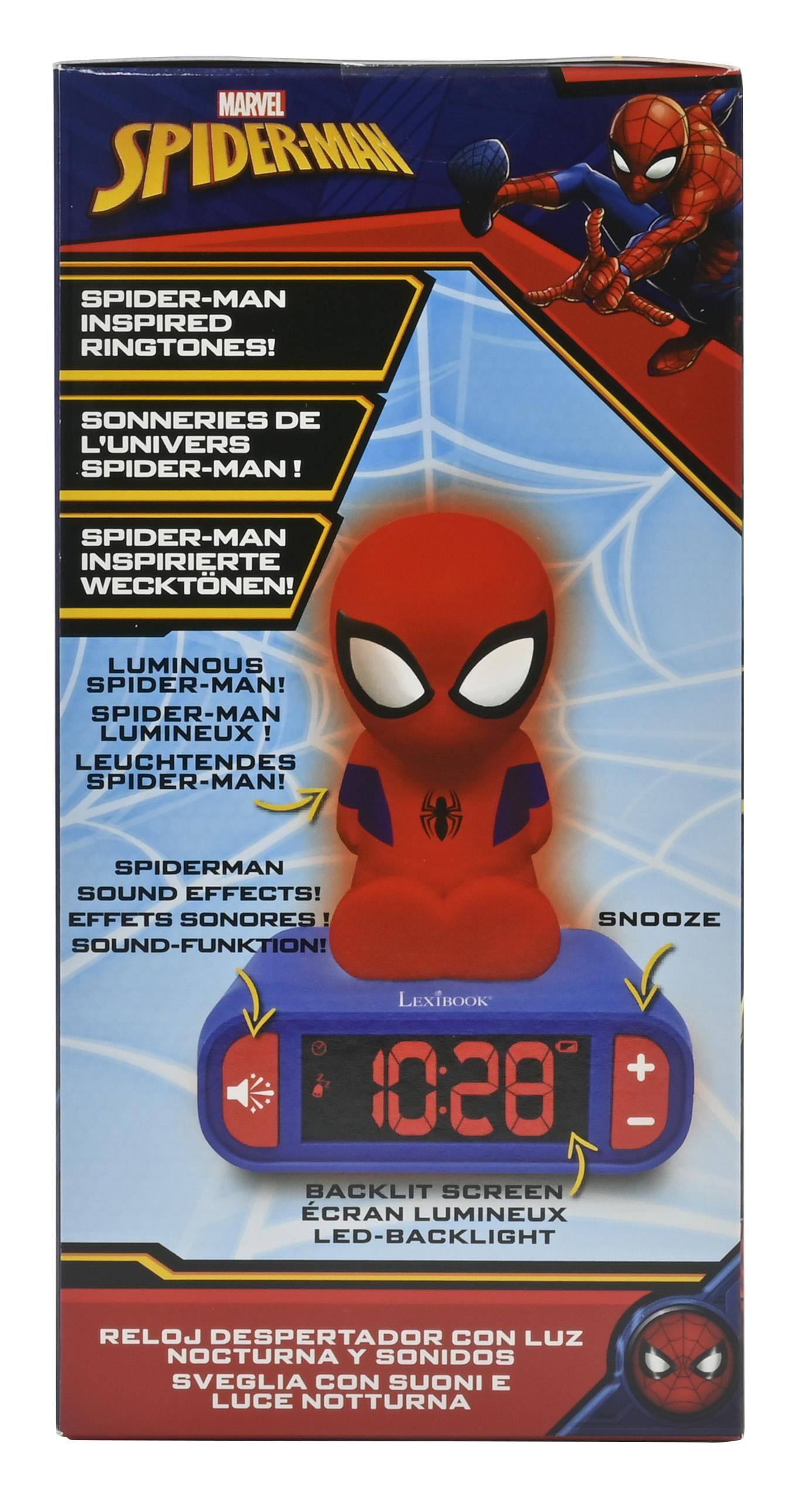 MARVEL SPIDER-MAN  
SPIDER-MAN INSPIRED RINGTONES!  
SONNERIES DE L'UNIVERS SPIDER-MAN!  
SPIDER-MAN INSPIRIERTE WECKTONEN!  
LUMINOUS SPIDER-MAN!  
SPIDER-MAN LUMINEUX!  
LEUCHTENDES SPIDER-MAN!  
SPIDERMAN SOUND EFFECTS!  
EFFETS SONORES!  
SOUND-FUNKTION!  
SNOOZE  
LEXIBOOK  
10:28  
BACKLIT SCREEN  
CRAN LUMINEUX  
LED-BACKLIGHT  
RELOJ DESPERTADOR CON LUZ NOCTURNA Y SONIDOS  
SVEGLIA CON SUONI E LUCE NOTTURNA