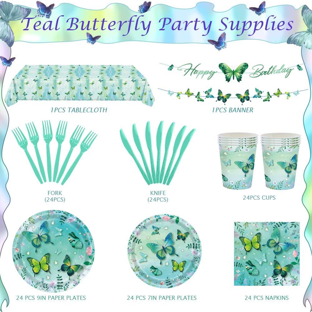 Teal Butterfly Party Supplies

- 1PCS TABLECLOTH
- 1PCS BANNER
- FORK (24PCS)
- KNIFE (24PCS)
- 24PCS CUPS
- 24 PCS 9IN PAPER PLATES
- 24 PCS 7IN PAPER PLATES
- 24 PCS NAPKINS