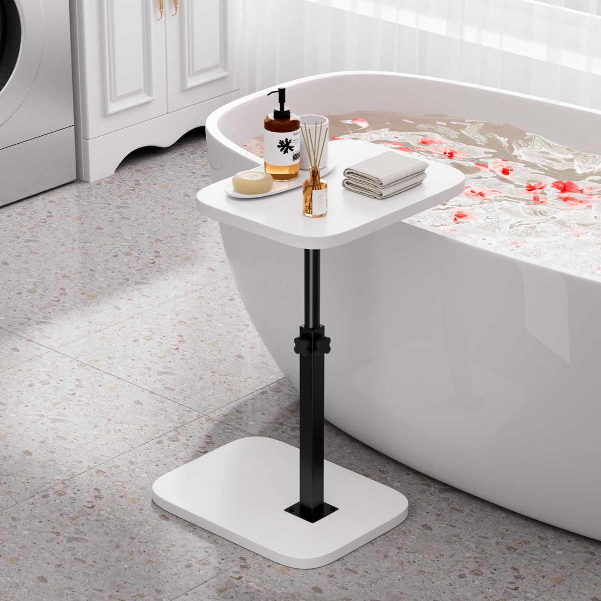 Left. Fabibe - Adjustable Side Table Tv Tray C Shaped End Small Bedside Mid Century Modern Accent Nightstand For Living Room - White Oval.