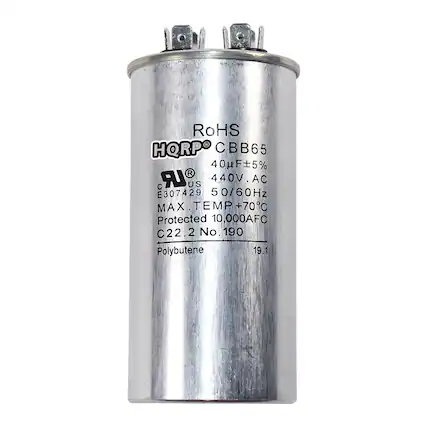 RoHS
HQRPO CBB65
40µF ±5%
440V AC
50/60Hz
MAX TEMP +70°C
Protected 10,000AFC
C22.2 No. 190
Polybutene
AU
US
E307429
19.1