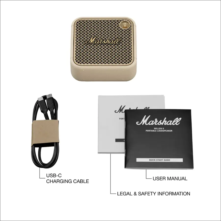 Marshall M Portable Loudspeaker Quick Start Guide USB-C Charging Cable User Manual Legal & Safety Information
