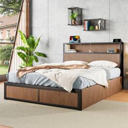 LUCKY ONE - Queen Size Wooden Platform Bed Frame with Multiple Drawers Storage, USB Socket, Raised Pattern Headboard - Natural Wood
