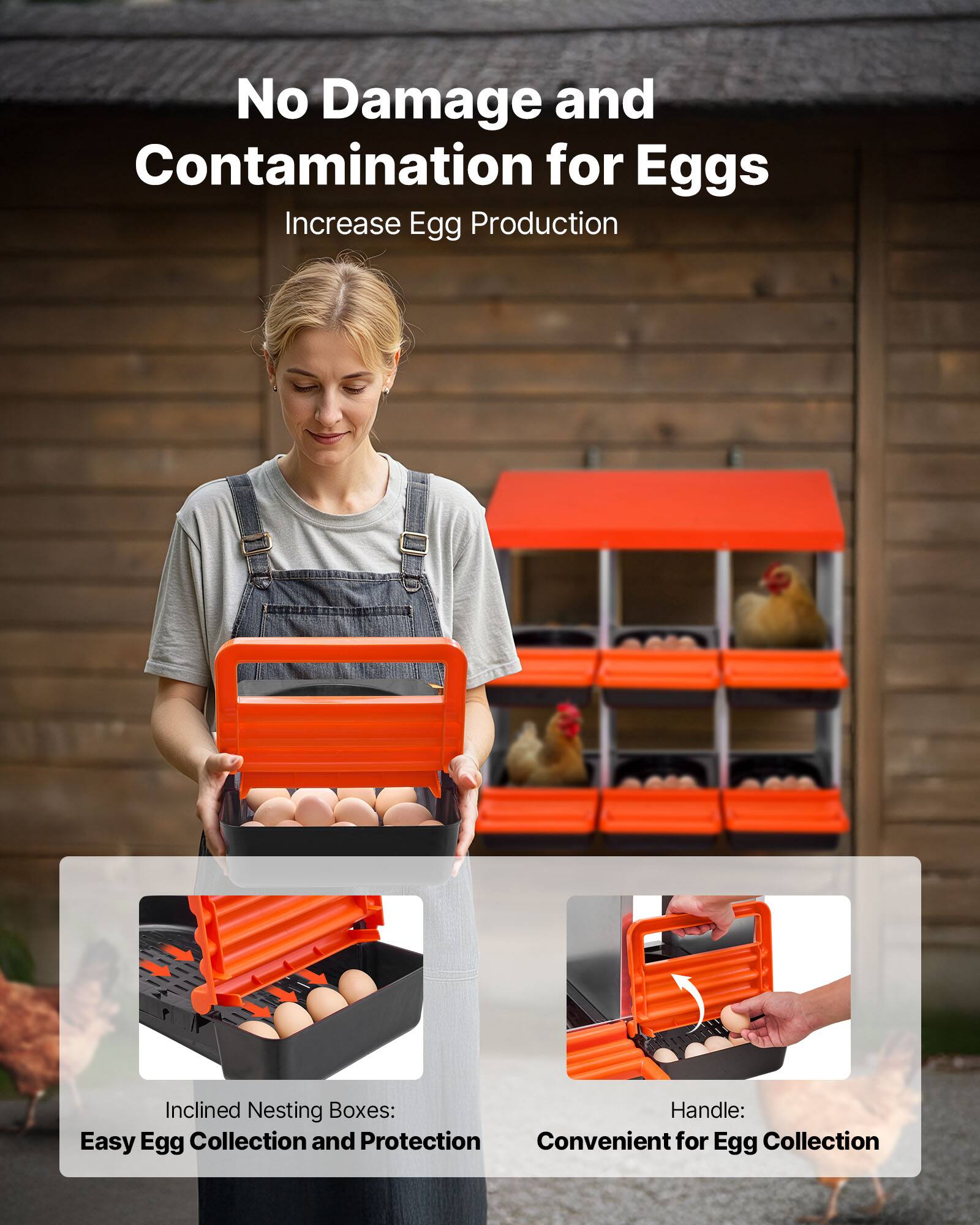 No Damage and Contamination for Eggs  
Increase Egg Production  

Inclined Nesting Boxes:  
Easy Egg Collection and Protection  

Handle:  
Convenient for Egg Collection