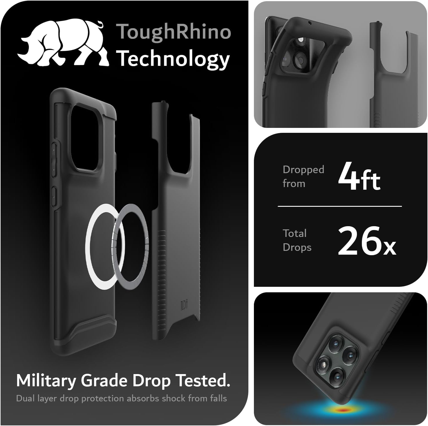 ToughRhino Technology

Dropped from 4ft  
Total Drops 26x

Military Grade Drop Tested.  
Dual layer drop protection absorbs shock from falls