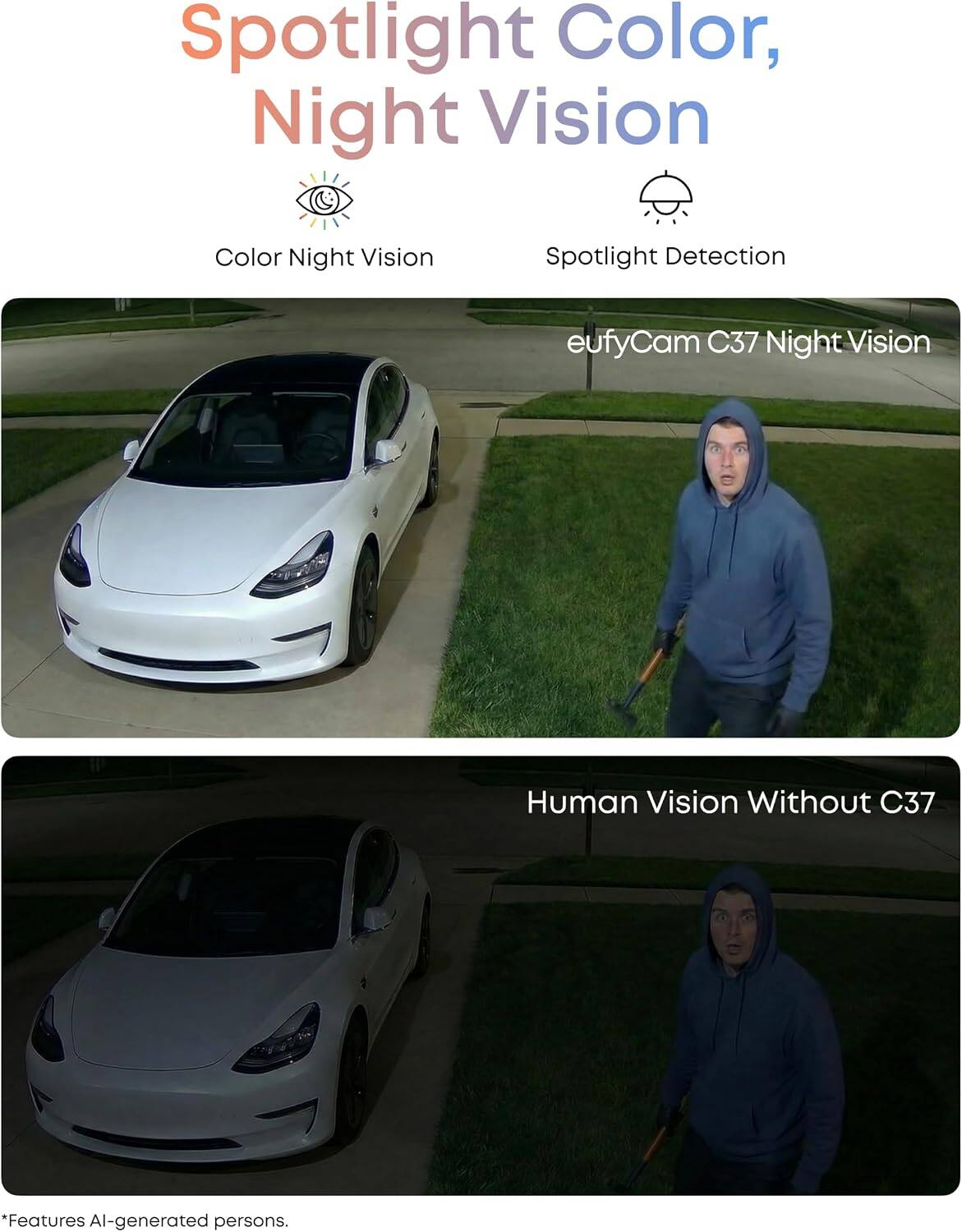 Spotlight Color, Night Vision

Color Night Vision
Spotlight Detection

eufyCam C37 Night Vision

Human Vision Without C37

*Features AI-generated persons.