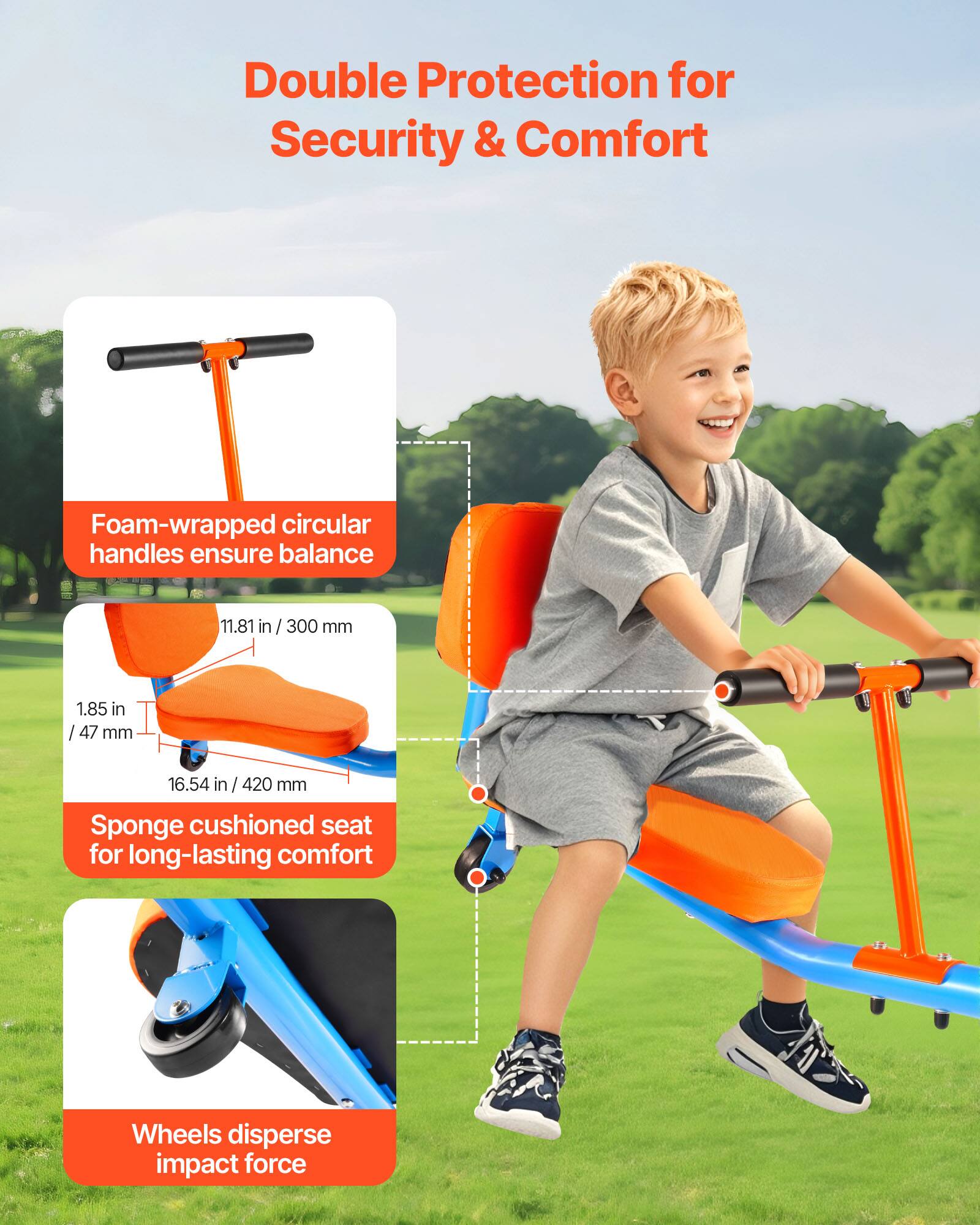 Double Protection for Security & Comfort

- Foam-wrapped circular handles ensure balance
- Sponge cushioned seat for long-lasting comfort
- Wheels disperse impact force

Dimensions:
- 11.81 in / 300 mm
- 1.85 in / 47 mm
- 16.54 in / 420 mm