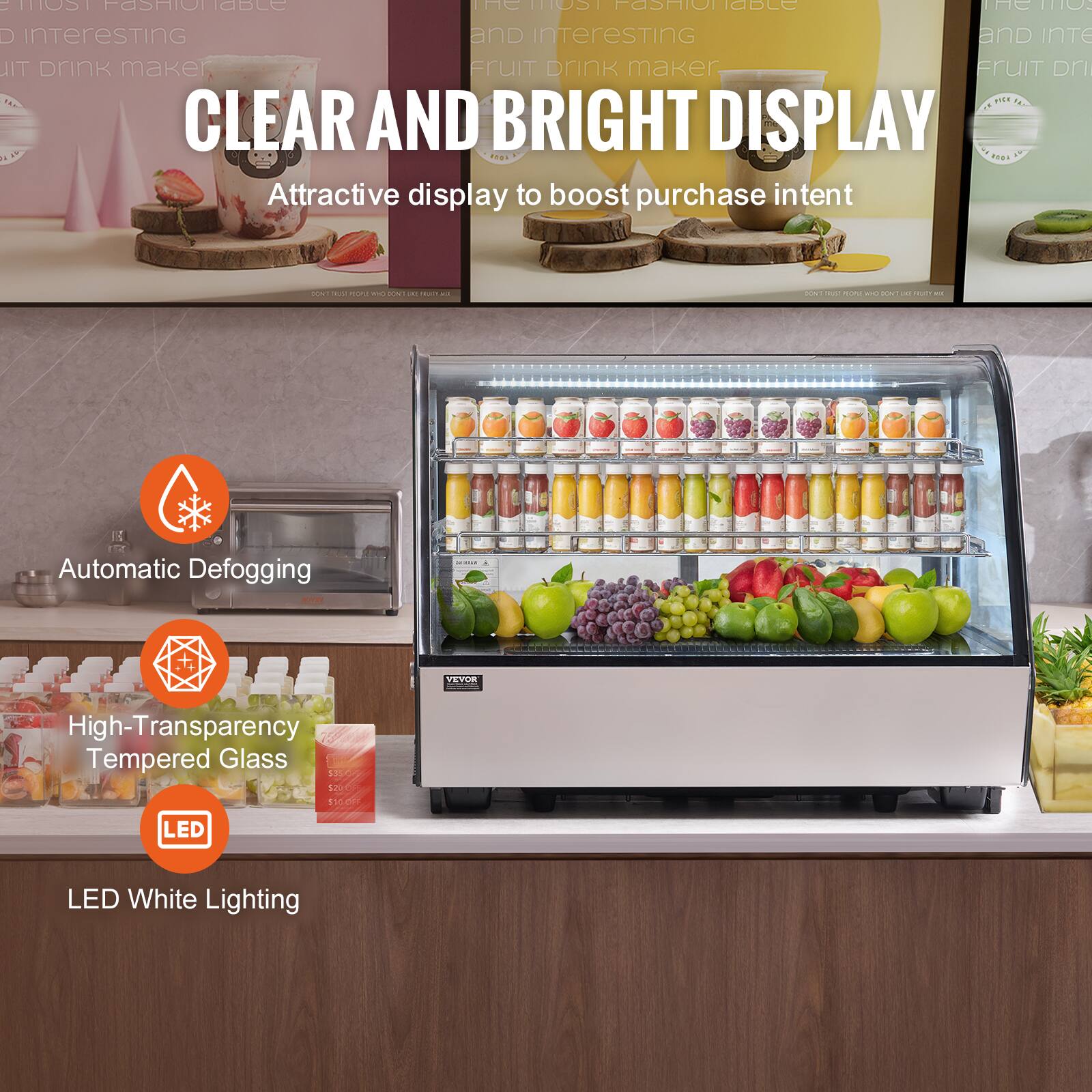 - The most fashionable and interesting fruit drink maker
- CLEAR AND BRIGHT DISPLAY
- Attractive display to boost purchase intent
- Automatic Defogging
- High-Transparency Tempered Glass
- LED White Lighting
