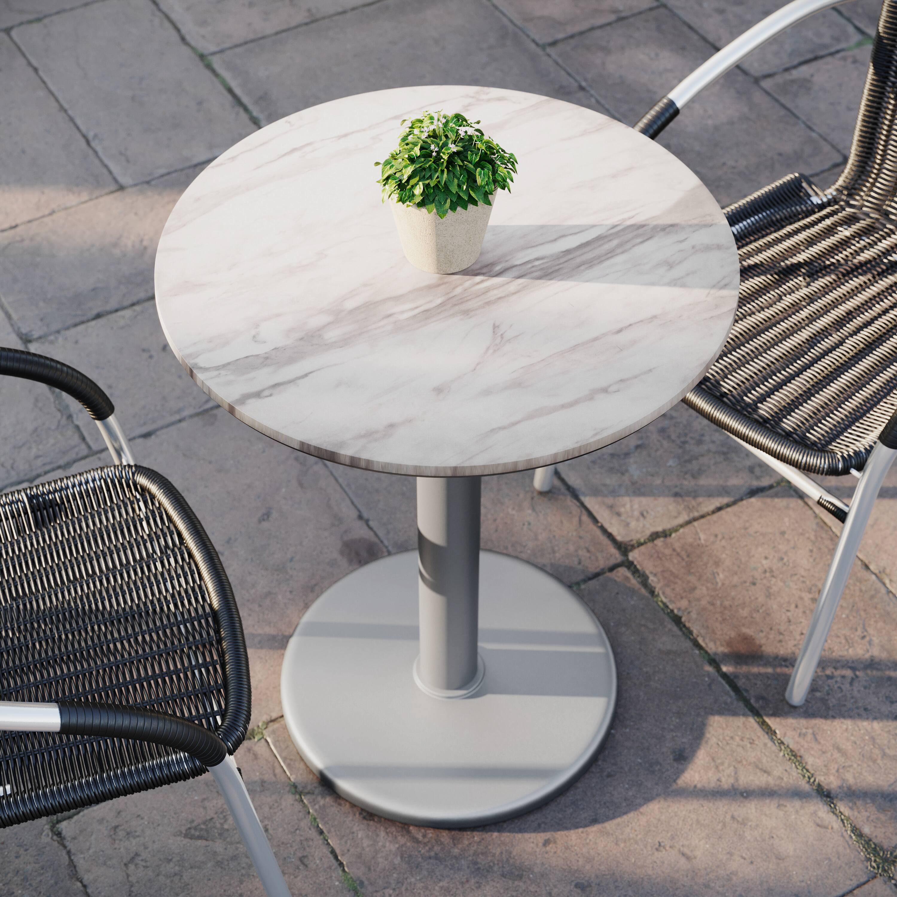 Alt View 4. Emma + Oliver - PureShield Indoor Outdoor Tabletop with Seam-Free Surface Innovation and Cast Iron Bistro Table Base - White Faux Marble/Silver Base.