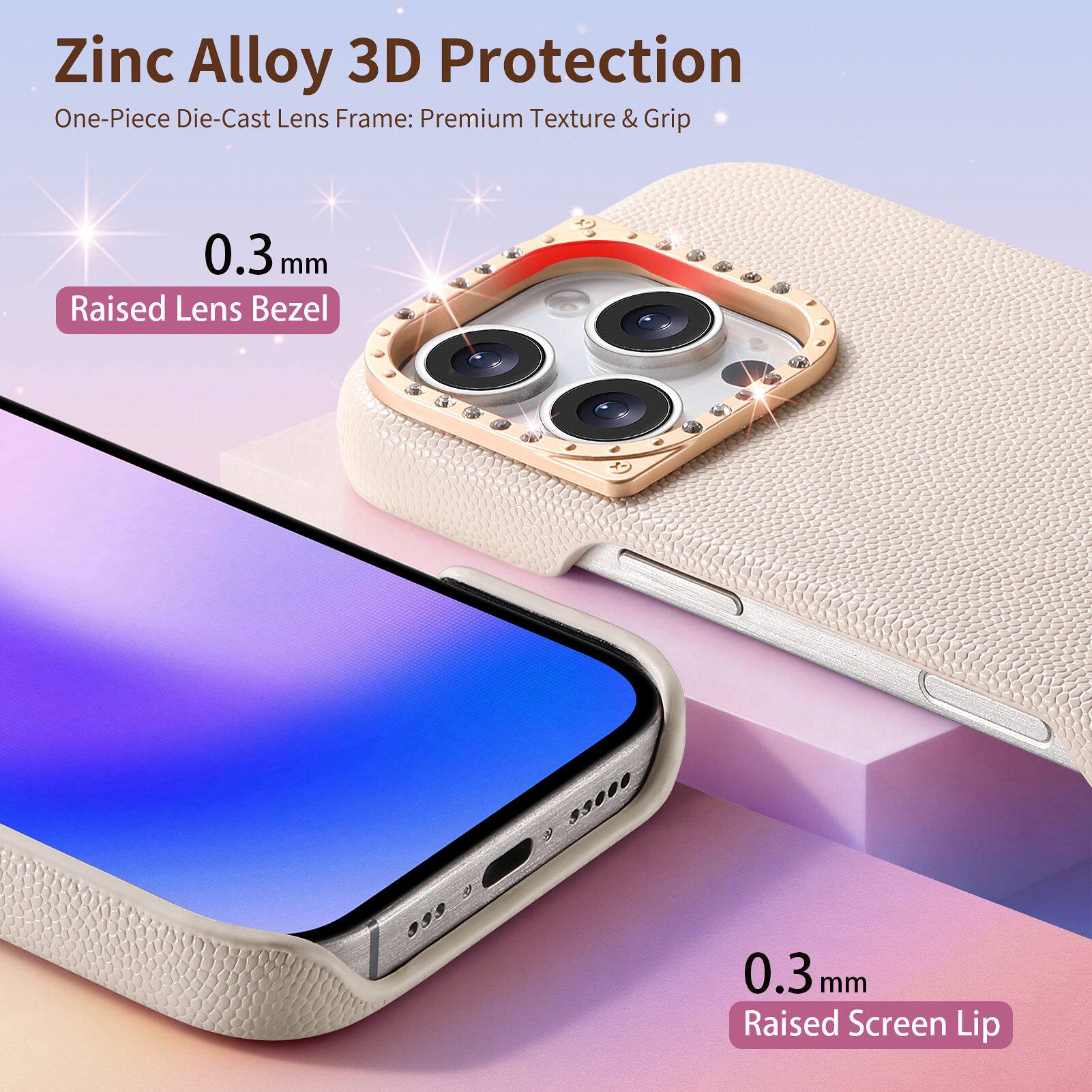 Zinc Alloy 3D Protection  
One-Piece Die-Cast Lens Frame: Premium Texture & Grip  
0.3 mm Raised Lens Bezel  
0.3 mm Raised Screen Lip