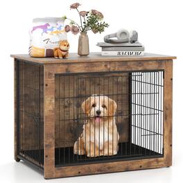 Costway - 33" Dog Kennel w/ Chew-Resistant Metal Frame & Soft Mat Double Doors Dog Crate End Table