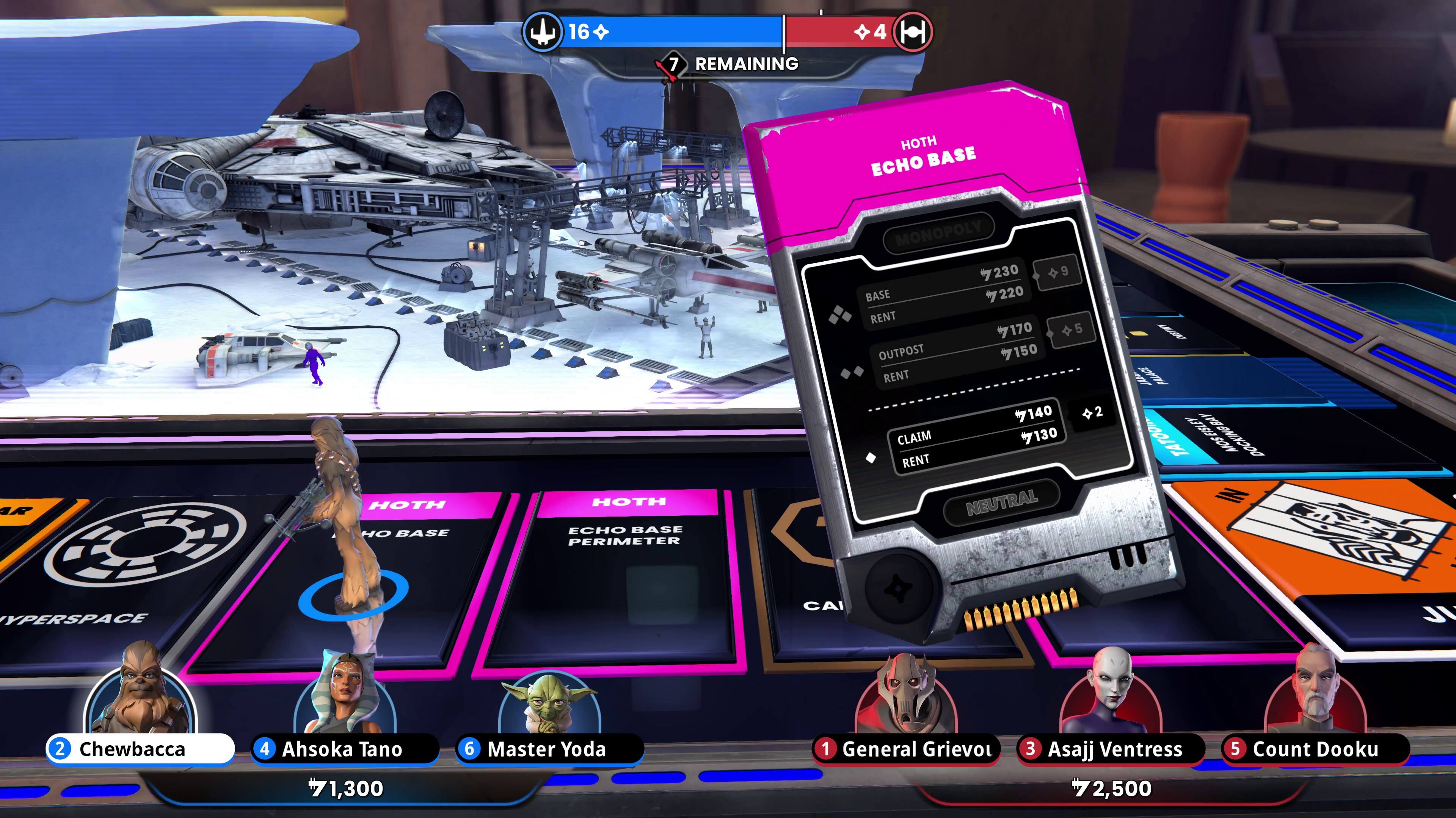 16 4 7 REMAINING  
HOTH ECHO BASE  
1R  
HOTH NO BASE  
HOTH ECHO BASE PERIMETER  
MONOPOLY  
230 9 9 BASE  
220 RENT  
170 5 OUTPOST  
150 RENT  
140 CLAIM  
7130 RENT  
NEUTRAL 2 0  
OT TATOO NR BRA  
1043000  
A FET YPERSPACE  
CAI  
2 Chewbacca  
4 Ahsoka Tano  
6 Master Yoda  
1 General Grievous  
3 Asajj Ventress  
5 Count Dooku