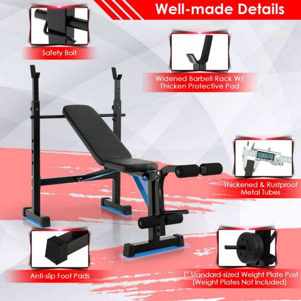 Safety Bolt  
Well-made Details  
J Widened Barbell Rack W/ Thickened Protective Pad  
Thickened & Rustproof Metal Tubes  
Anti-slip Foot Pads  
1" Standard-sized Weight Plate Post (Weight Plates Not Included)