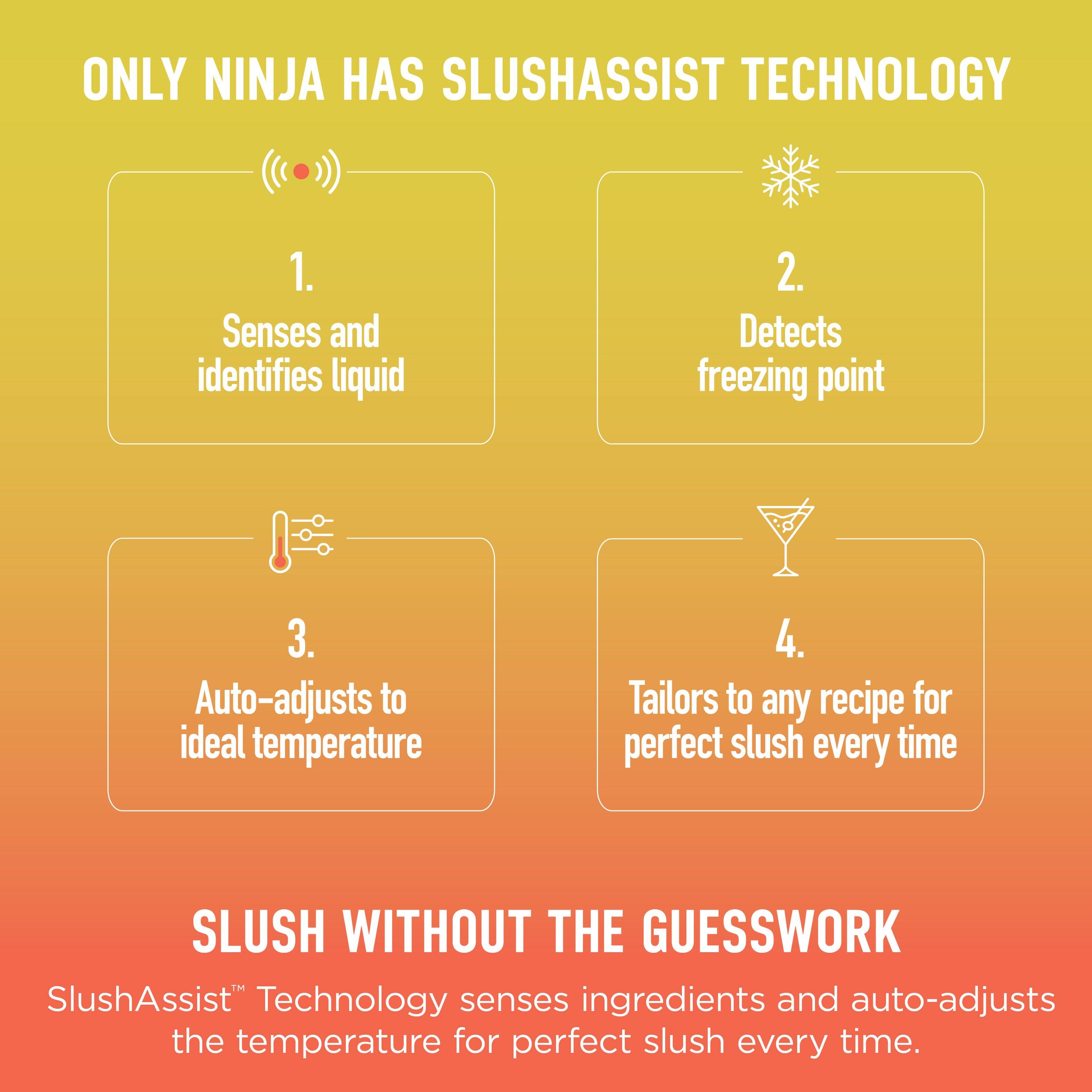 ONLY NINJA HAS SLUSHASSIST TECHNOLOGY

1. Senses and identifies liquid
2. Detects freezing point
3. Auto-adjusts to ideal temperature
4. Tailors to any recipe for perfect slush every time

SLUSH WITHOUT THE GUESSWORK

SlushAssist™ Technology senses ingredients and auto-adjusts the temperature for perfect slush every time.