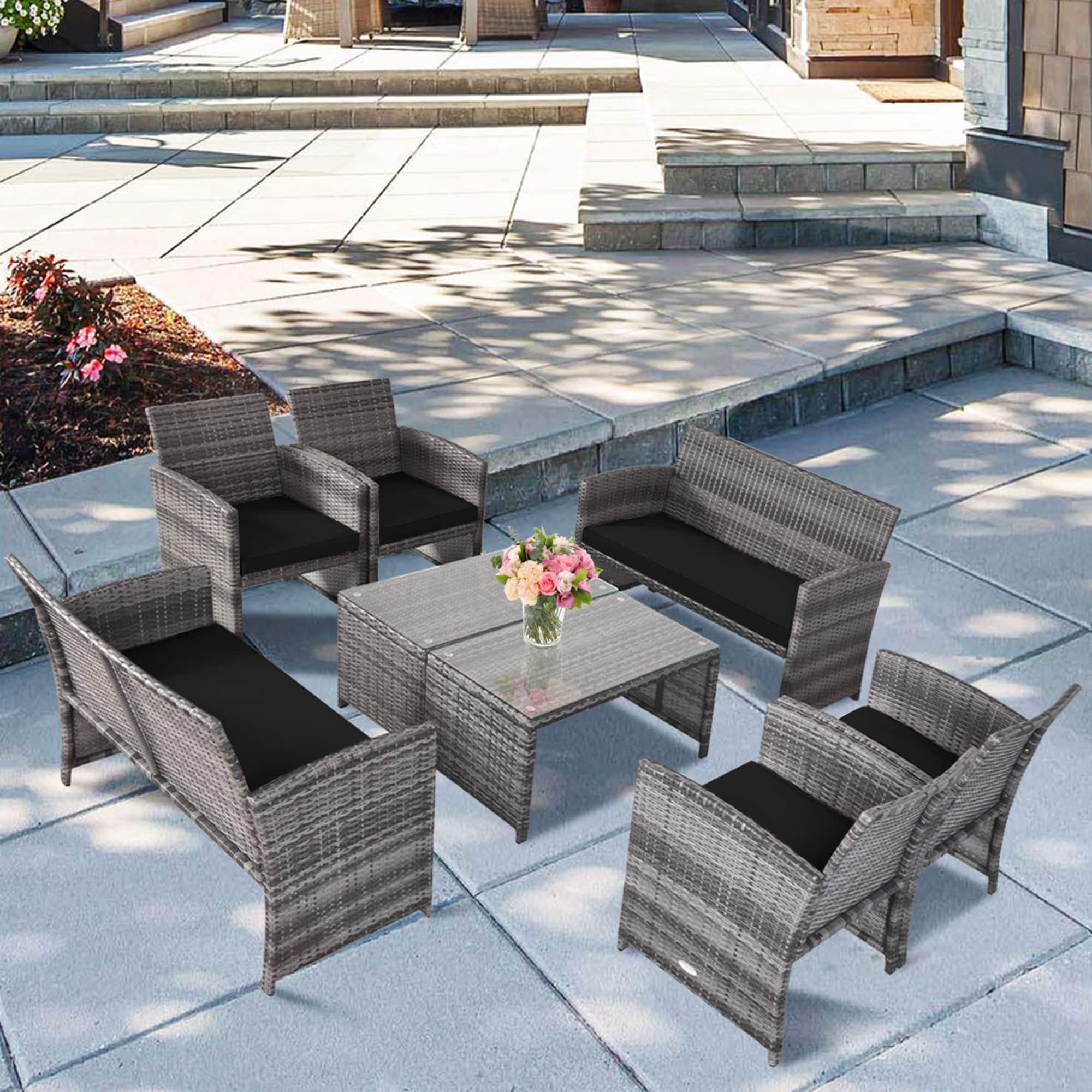 Gymax - 8PCS Patio Outdoor Rattan Conversation Furniture Set w/ Black Cushion - Mix Grey price history on PriceWatchPro