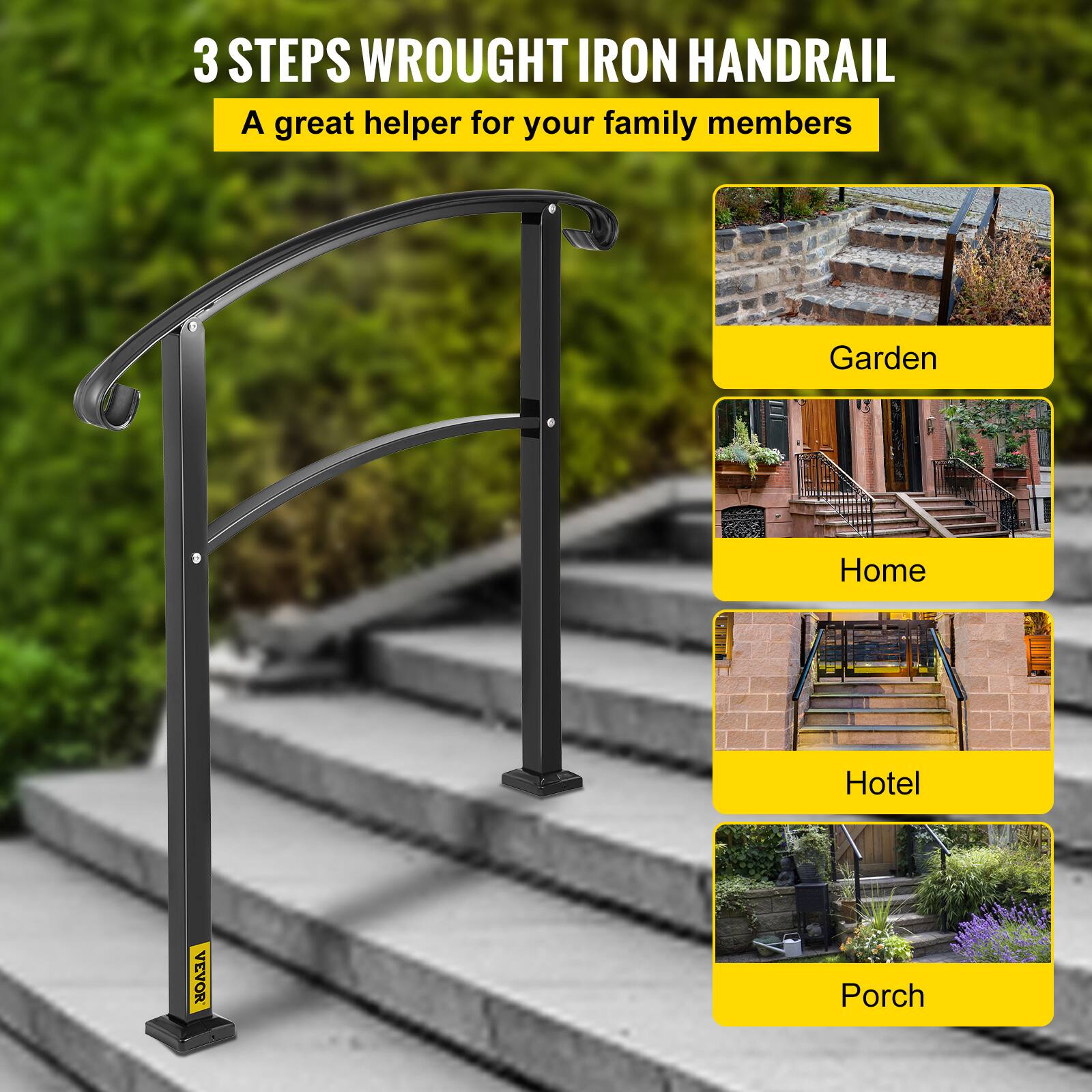 3 STEPS WROUGHT IRON HANDRAIL, A great helper for your family members, Garden, Home, Hotel, Porch, VEVOR