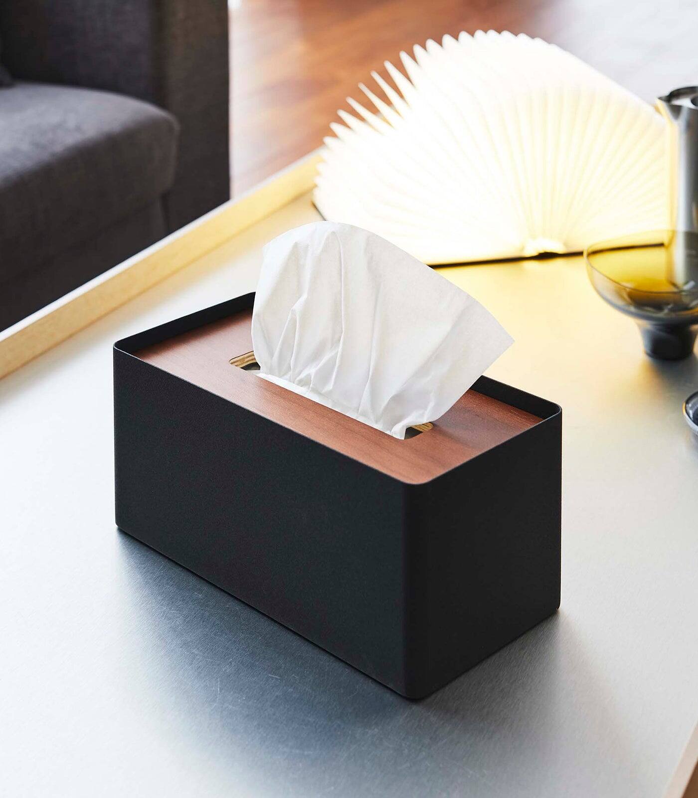 Angle. Yamazaki Home - Tissue Box Cover - Rectangle - Steel - Walnut.