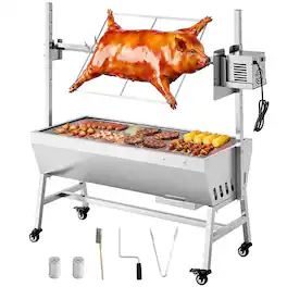VEVOR - Rotisserie Grill, 38W BBQ Outdoor Pig & Lamb Spit Roaster, Charcoal Spit Roaster with 132 LBS Capacity - Stainless steel color