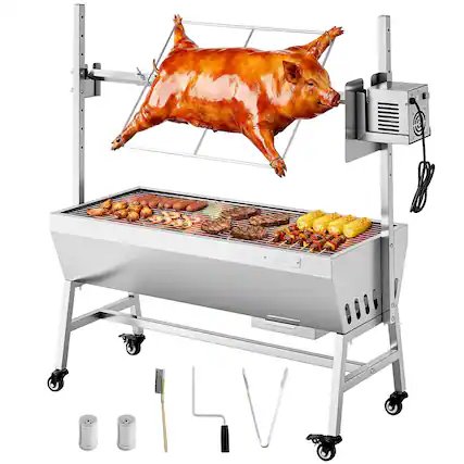 Front. VEVOR - Rotisserie Grill, 38W BBQ Outdoor Pig & Lamb Spit Roaster, Charcoal Spit Roaster with 132 LBS Capacity - Stainless steel color.