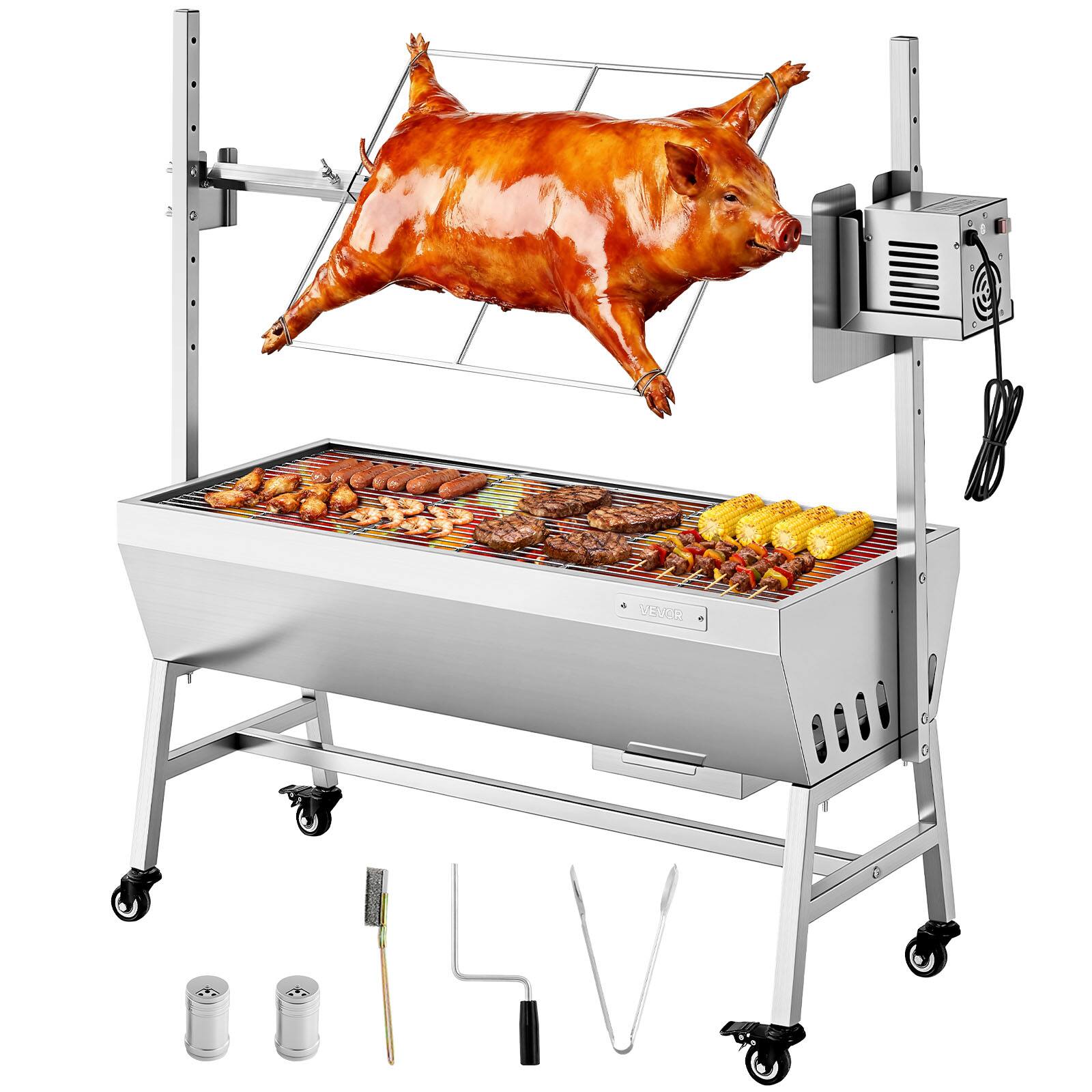 Front. VEVOR - Rotisserie Grill, 38W BBQ Outdoor Pig & Lamb Spit Roaster, Charcoal Spit Roaster with 132 LBS Capacity - Stainless steel color.
